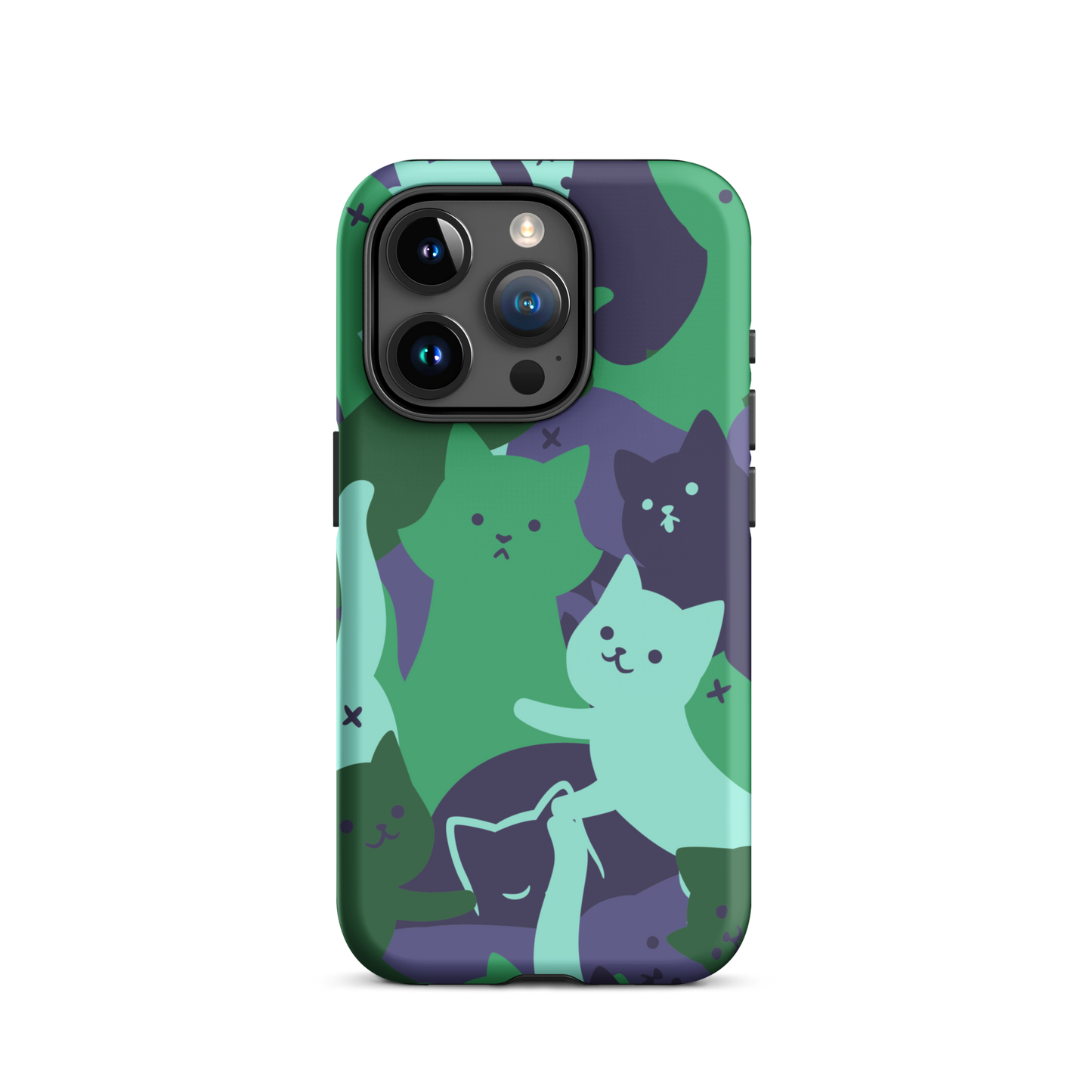 A playful pattern featuring multiple kittens in shades of green and blue, arranged to create a soft camouflage effect. This design blends cute cats with a modern pattern aesthetic, perfect for fans of fun, stylish, and whimsical art.
