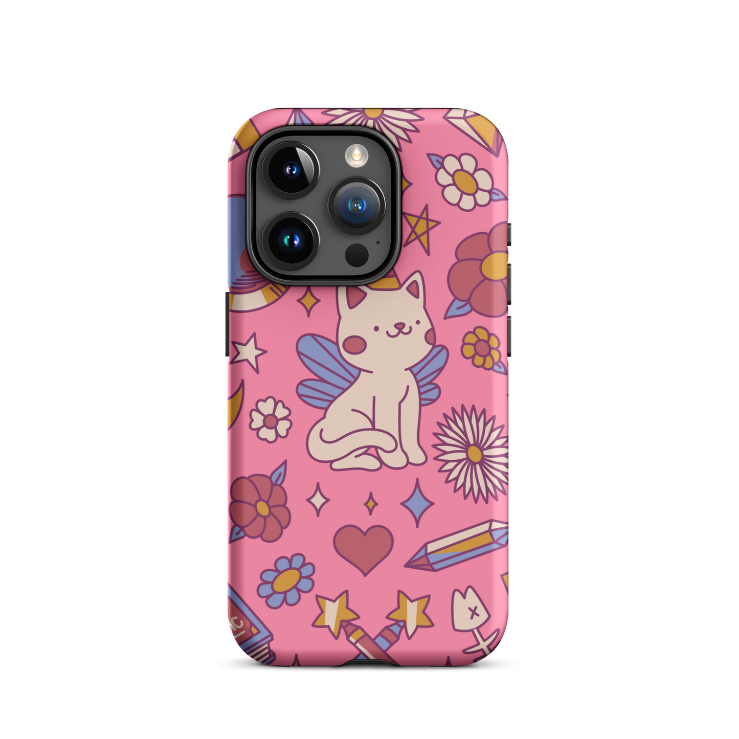 A seamless pattern featuring a magical winged kitten surrounded by crystals, flowers, tarot cards, mushrooms and other mystical elements in soft pastel tones. A playful and whimsical design with a cute, magical vibe.