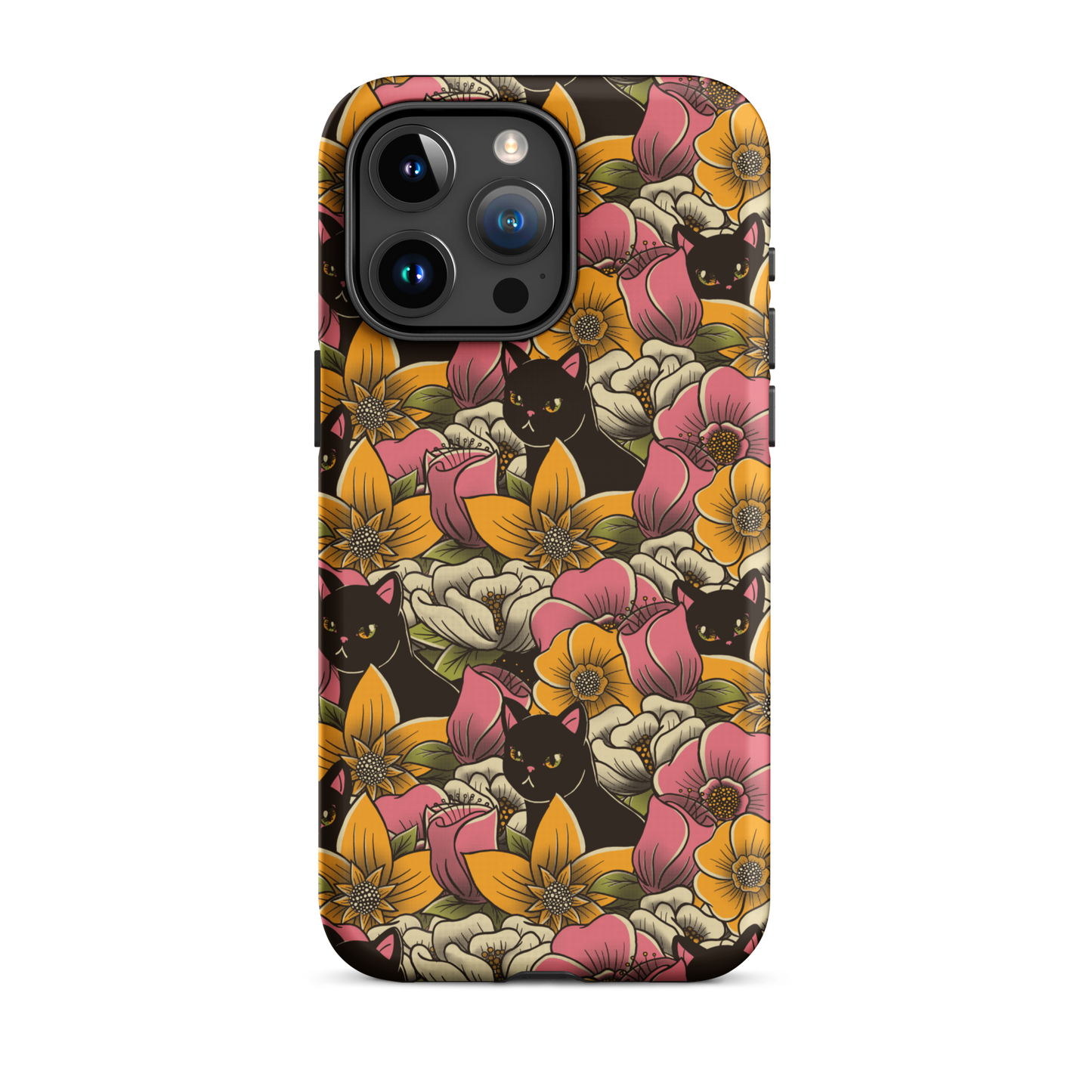 The image features a repeating pattern of colorful flowers in pink, yellow, and cream hues with lush green foliage. Interspersed among the flowers are playful black cats with bright eyes. The design has a whimsical and vibrant feel, ideal for various products like t-shirts, stickers, coffee cups, and skateboards. The style is reminiscent of traditional floral art blended with playful elements of animal decor.