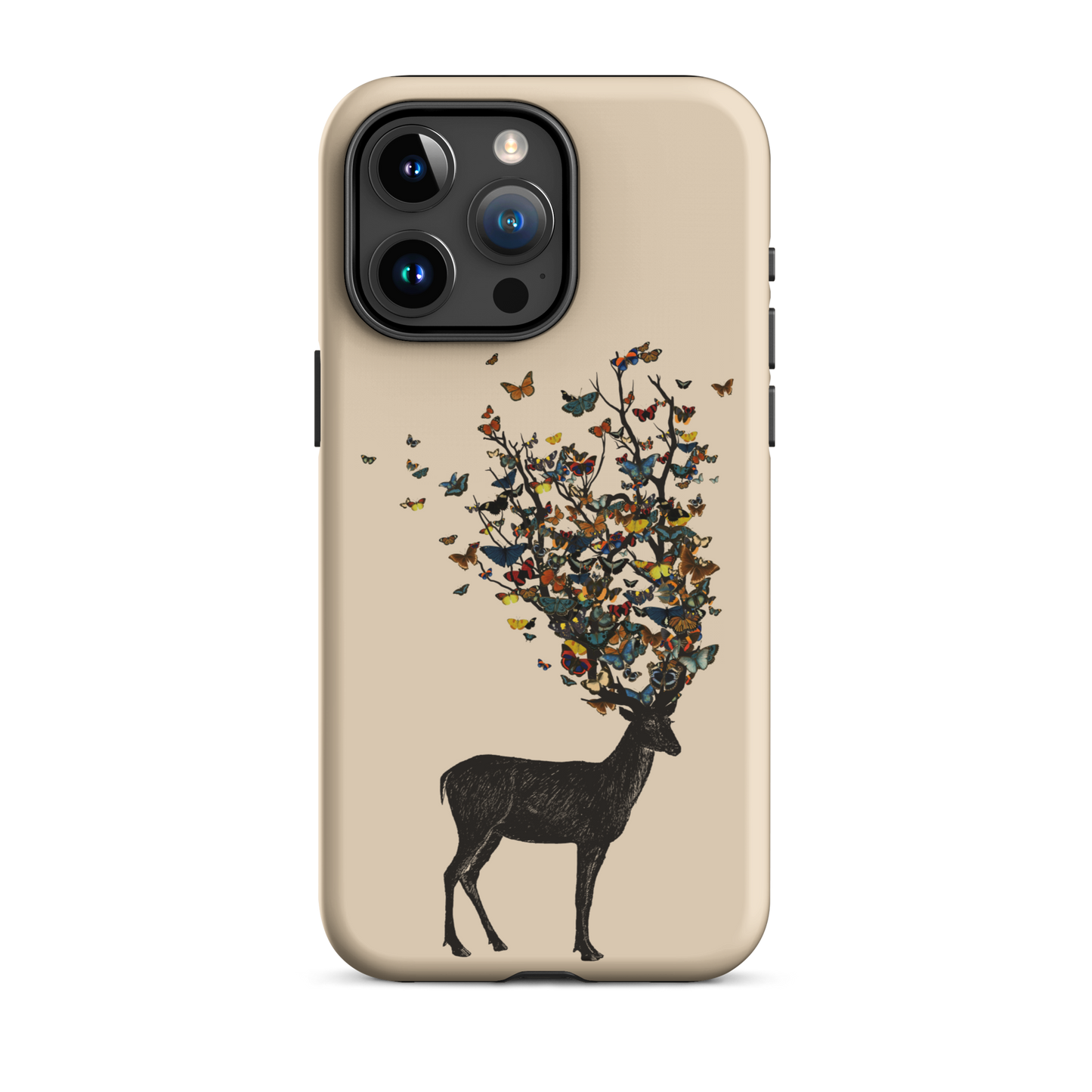 The image depicts a dark, silhouetted deer standing on a neutral background. Instead of branches, its antlers transform into a swirling cloud of vibrant, colorful butterflies that extend upwards and outward. The mix of organic and ethereal elements creates a captivating and whimsical visual contrast.