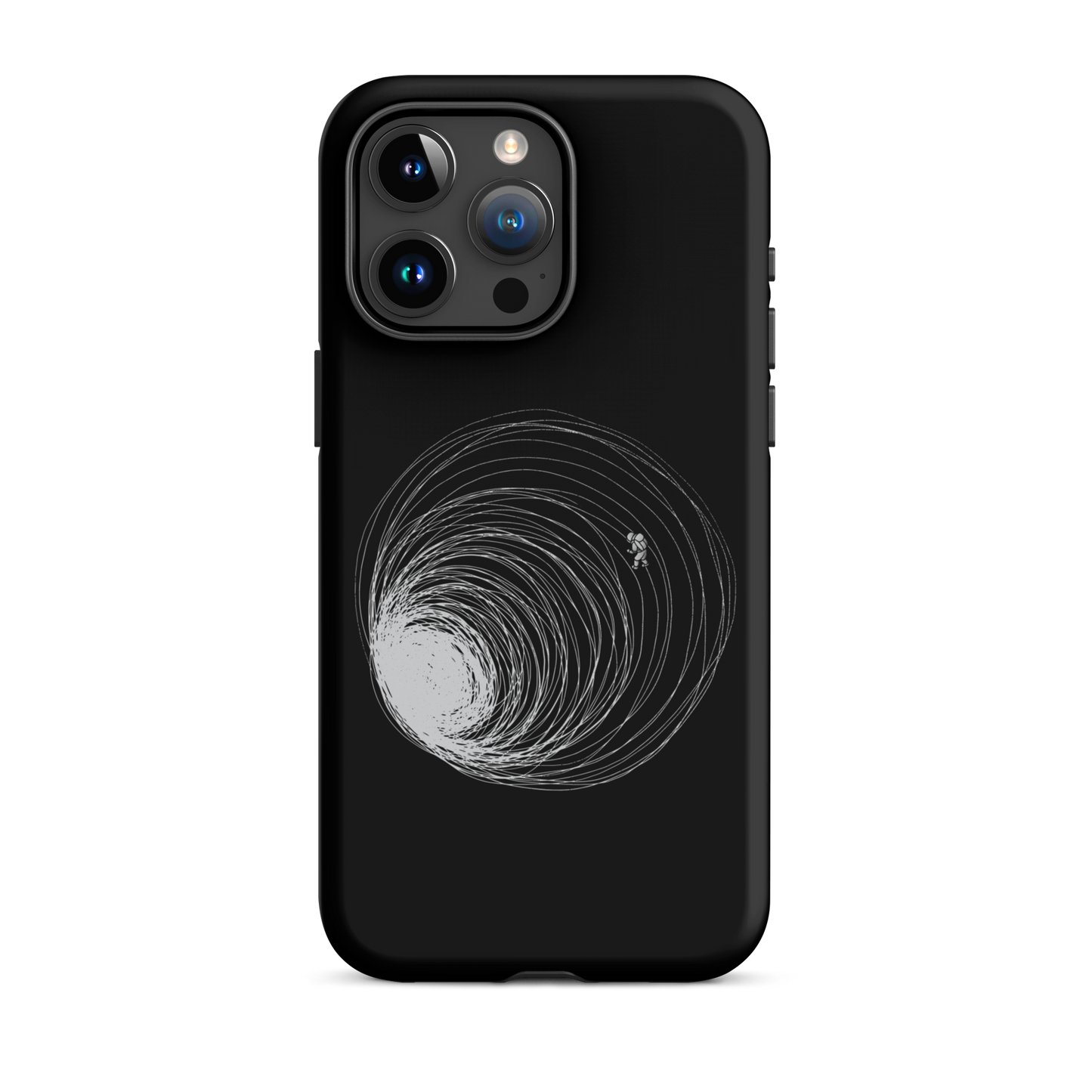 A big black hole with an astronaut floating around as if being sucked into it. A minimalist art perfect for those who love space.