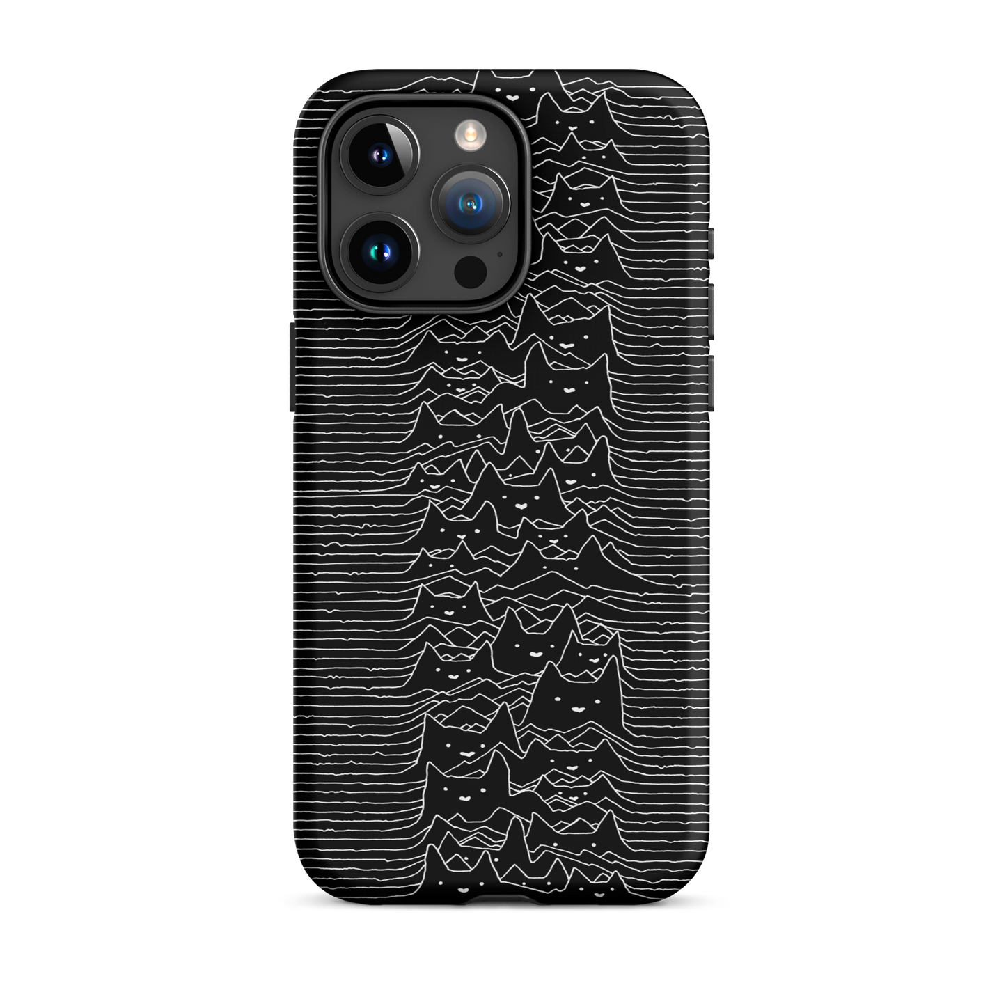 The drawing is a series of continuous wavy lines forming a pattern reminiscent of sound waves or topographic maps, but with an unexpected twist: the lines create the shapes of numerous cat faces stacked vertically. Each cat has simple, expressive features with pointed ears, adding a whimsical element to the otherwise structured pattern.