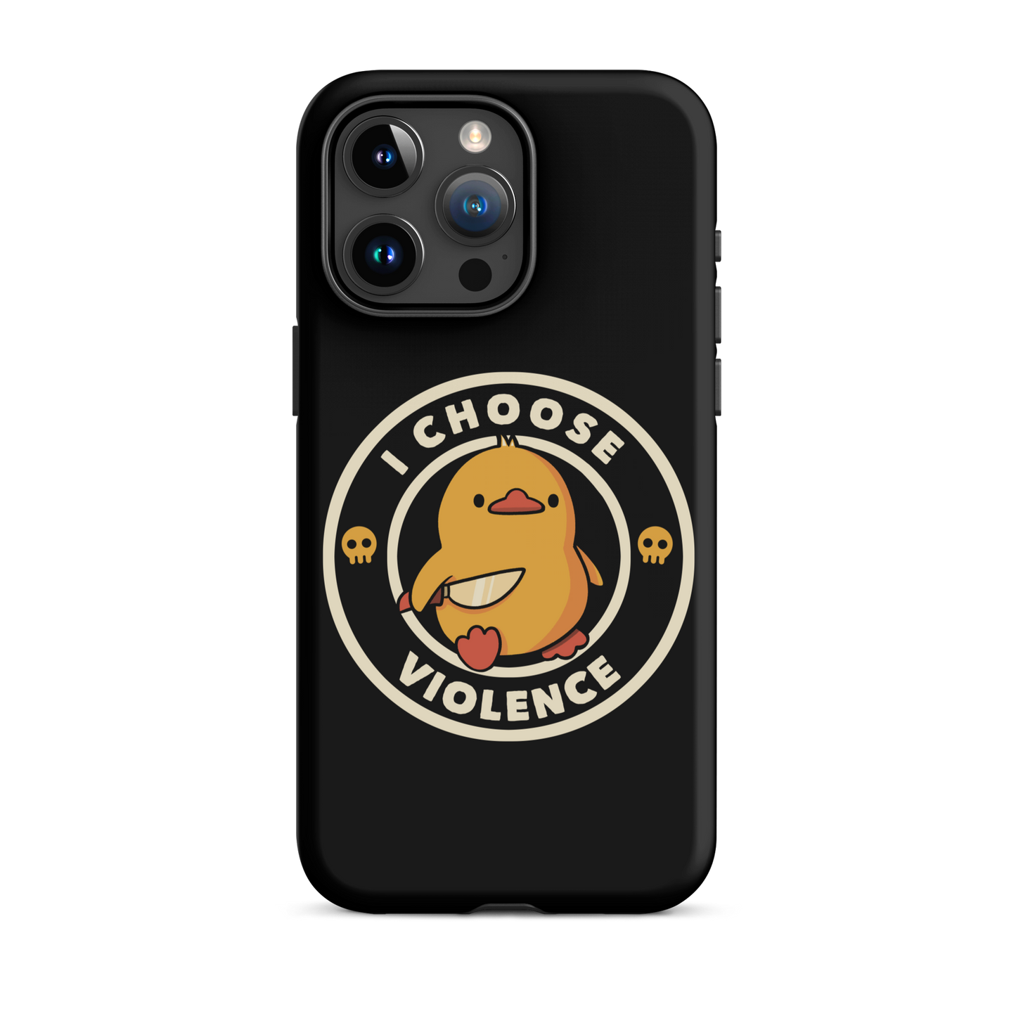 A cute, cartoon-style yellow duckling stands confidently holding a large knife in its wing. The duckling is encircled by text saying 'I CHOOSE VIOLENCE' in bold white letters. Small skull symbols flank the chick on either side, adding a touch of humor and irony to the otherwise adorable drawing.