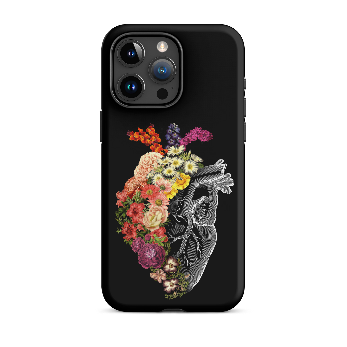 The design is an intricate and anatomical drawing of a human heart on a black background. The left side of the heart morphs into a vibrant assortment of colorful flowers, including roses, daisies, and other blooming blossoms, creating a striking contrast between the realistic and the surreal, symbolizing the harmony between nature and humanity.