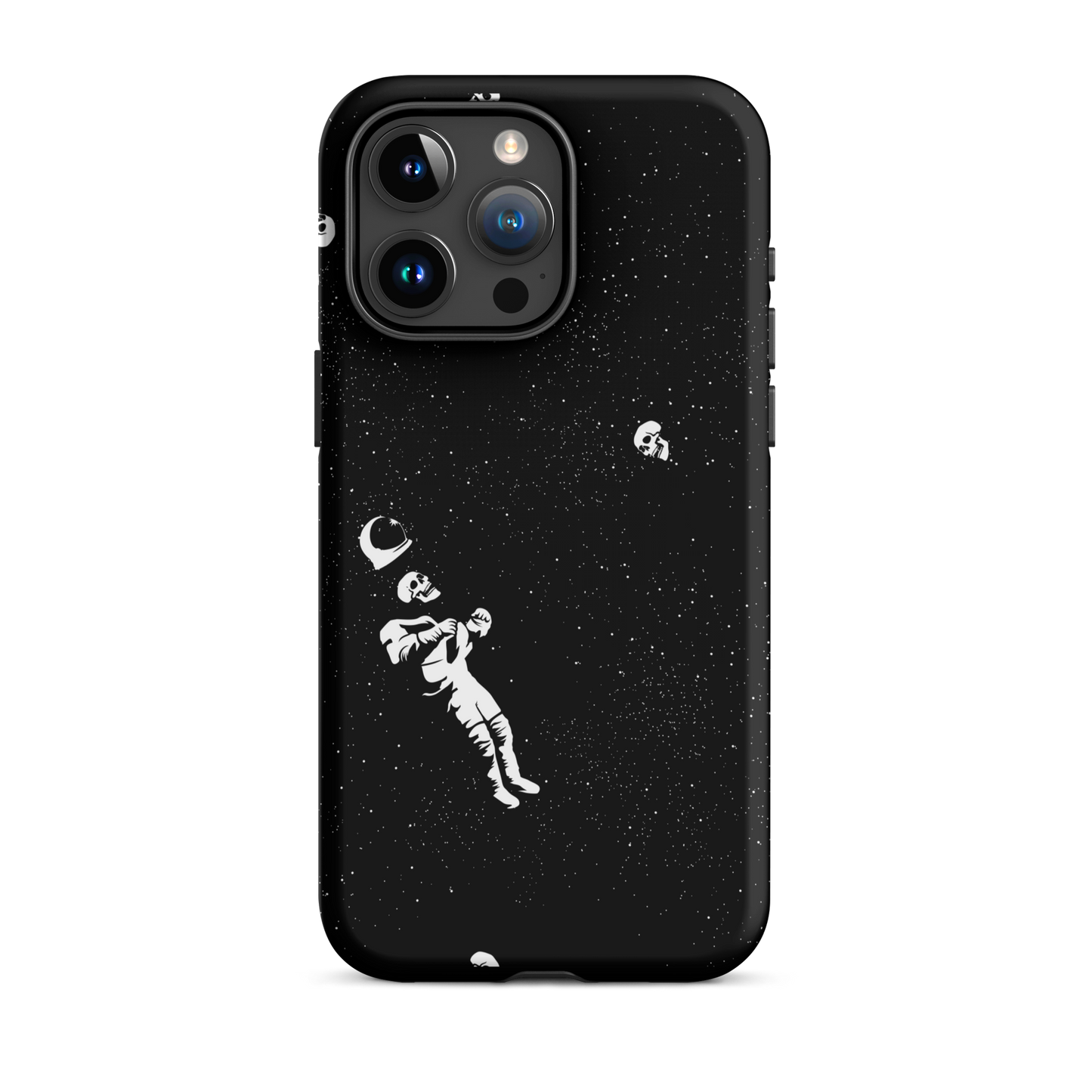 This image features a white astronaut figures floating in a dark, starry space background. The astronaut is surrounded by small celestial bodies and crescent moons, giving a sense of drifting through the cosmos. The design is intricate and has a whimsical, dreamy quality, with a vintage-inspired look, evoking a sense of exploration and wonder.