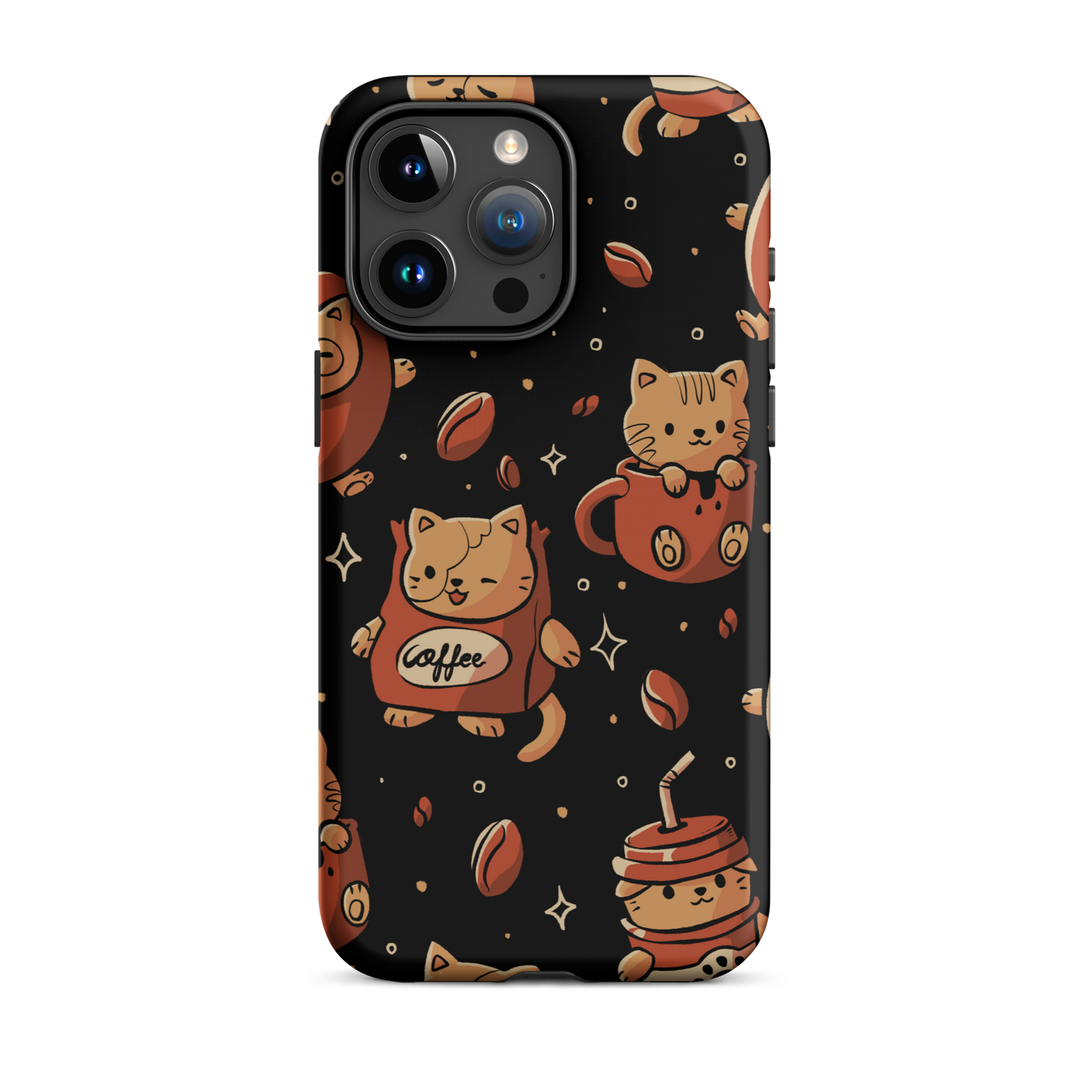 A pattern featuring several cute kittens appears in different coffee-themed versions: inside cups, as coffee beans, and on playful packaging. This artwork combines a love for cats and coffee in a charming and humorous composition. Perfect for cat lovers, coffee lovers, baristas, and anyone who enjoys cute and cozy designs.