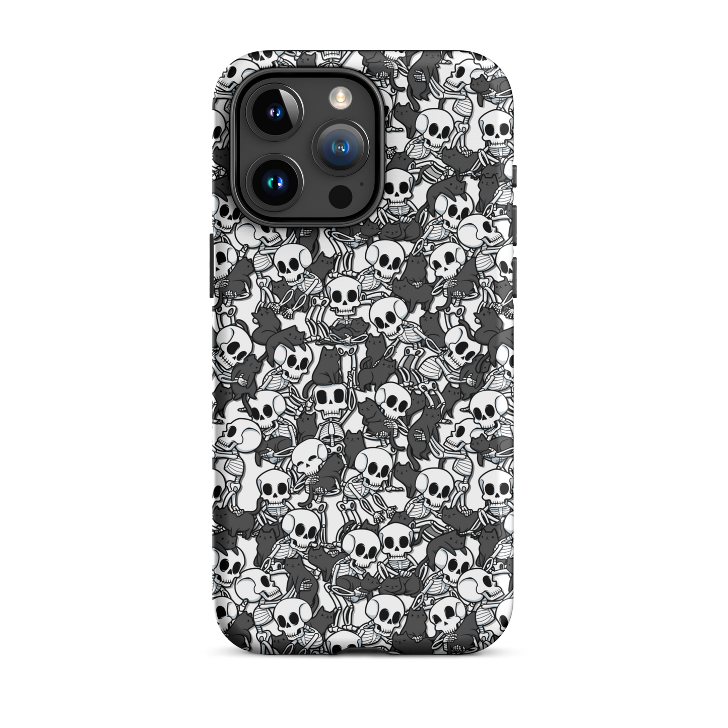 This artwork shows a playful pattern of cartoon skeletons cuddling and interacting with adorable black cats. It blends spooky charm with cozy, humorous vibes, creating a perfect aesthetic between macabre and cute. Ideal for fans of Halloween, gothic aesthetics, or anyone who loves fun prints with personality.