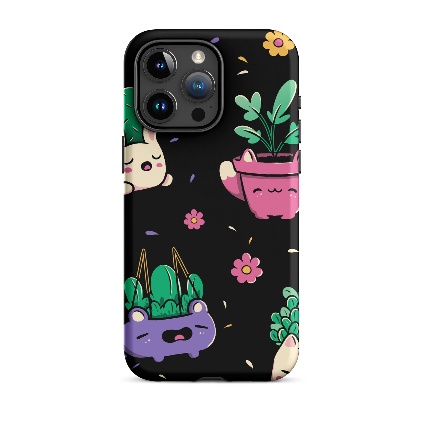 An endearing pattern featuring petite potted plants creatively shaped like adorable animals, arranged in a charming repeating composition. This enchanting design is perfect for plant enthusiasts who adore greenery and love surrounding themselves with whimsical, nature-inspired details.