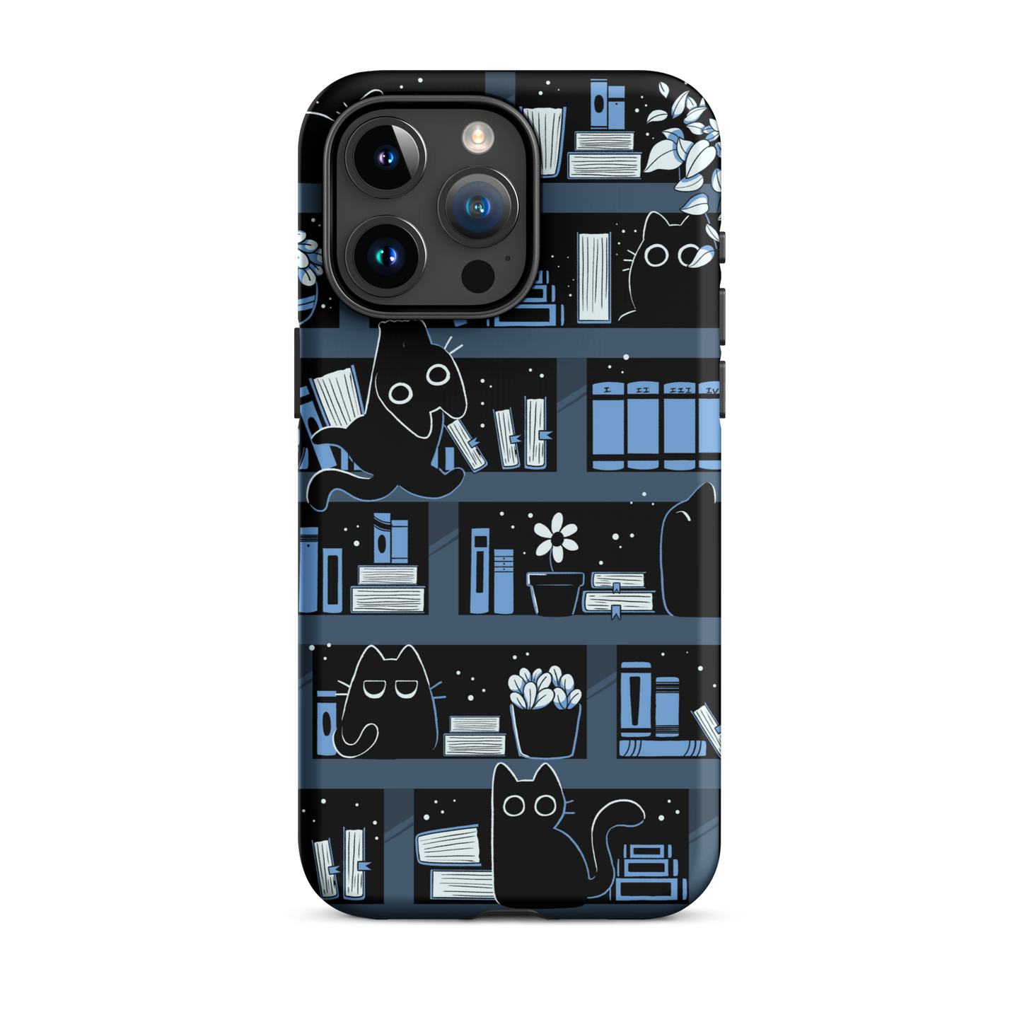 A pattern designed to resemble one large bookshelf filled with books, plants and playful little black kittens tucked between the shelves. An artwork in shades of black and blue, perfect for those who love cats, books and plants.