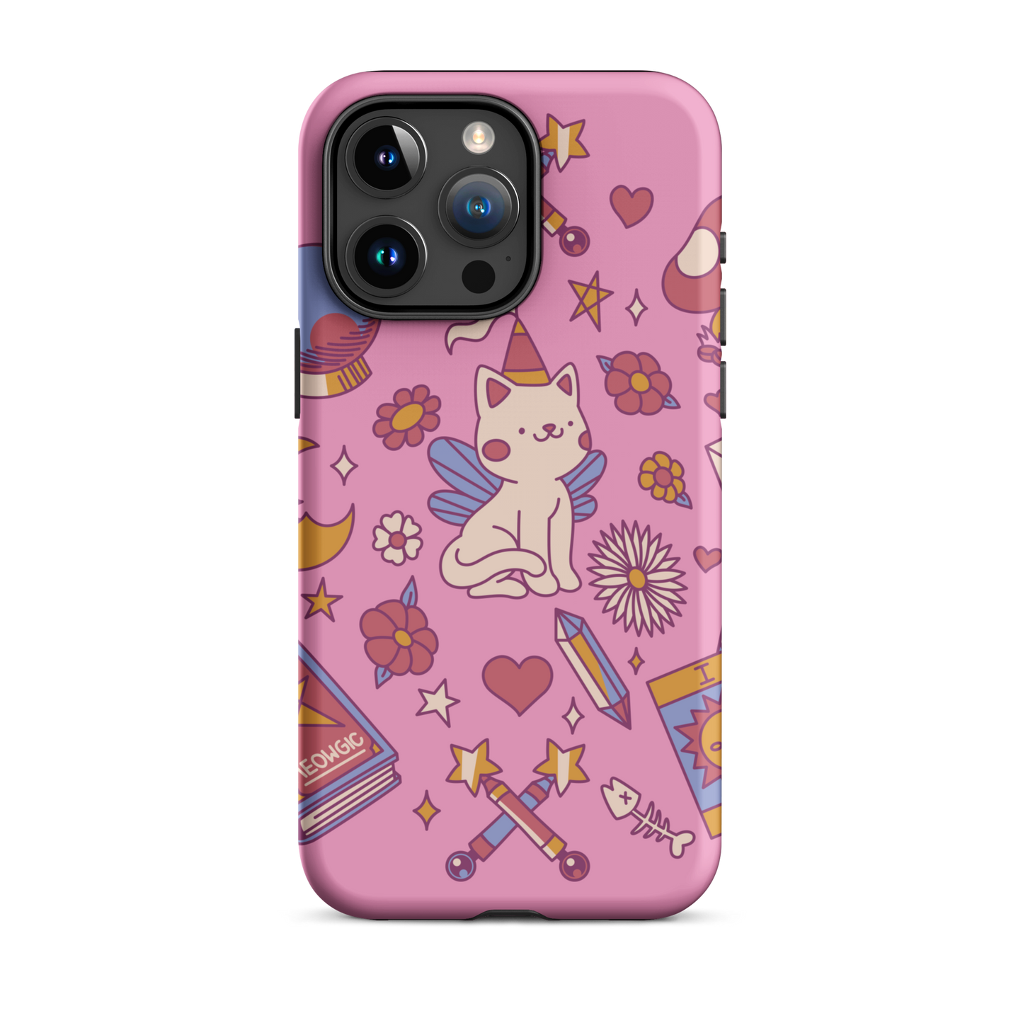 The artwork depicts a magical kitten with wings and a little hat, surrounded by crystals, flowers, tarot cards, mushrooms, and mystical elements in pastel shades. The design blends cute fantasy with colorful witchy aesthetics, creating an enchanting, lighthearted composition full of fun details. Perfect for lovers of cute mysticism, tarot, magical cats, and anyone who enjoys colorful prints with a magical vibe.