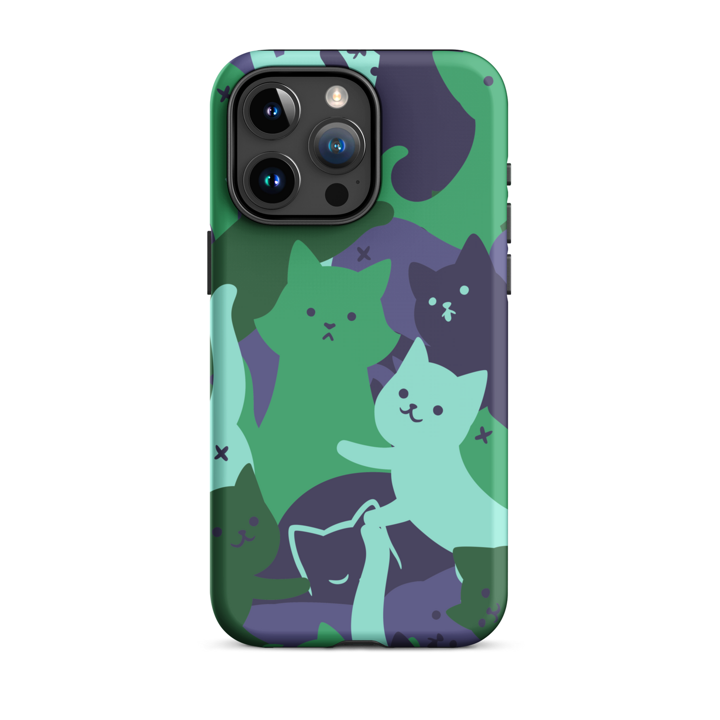 A playful pattern featuring multiple kittens in shades of green and blue, arranged to create a soft camouflage effect. This design blends cute cats with a modern pattern aesthetic, perfect for fans of fun, stylish, and whimsical art.