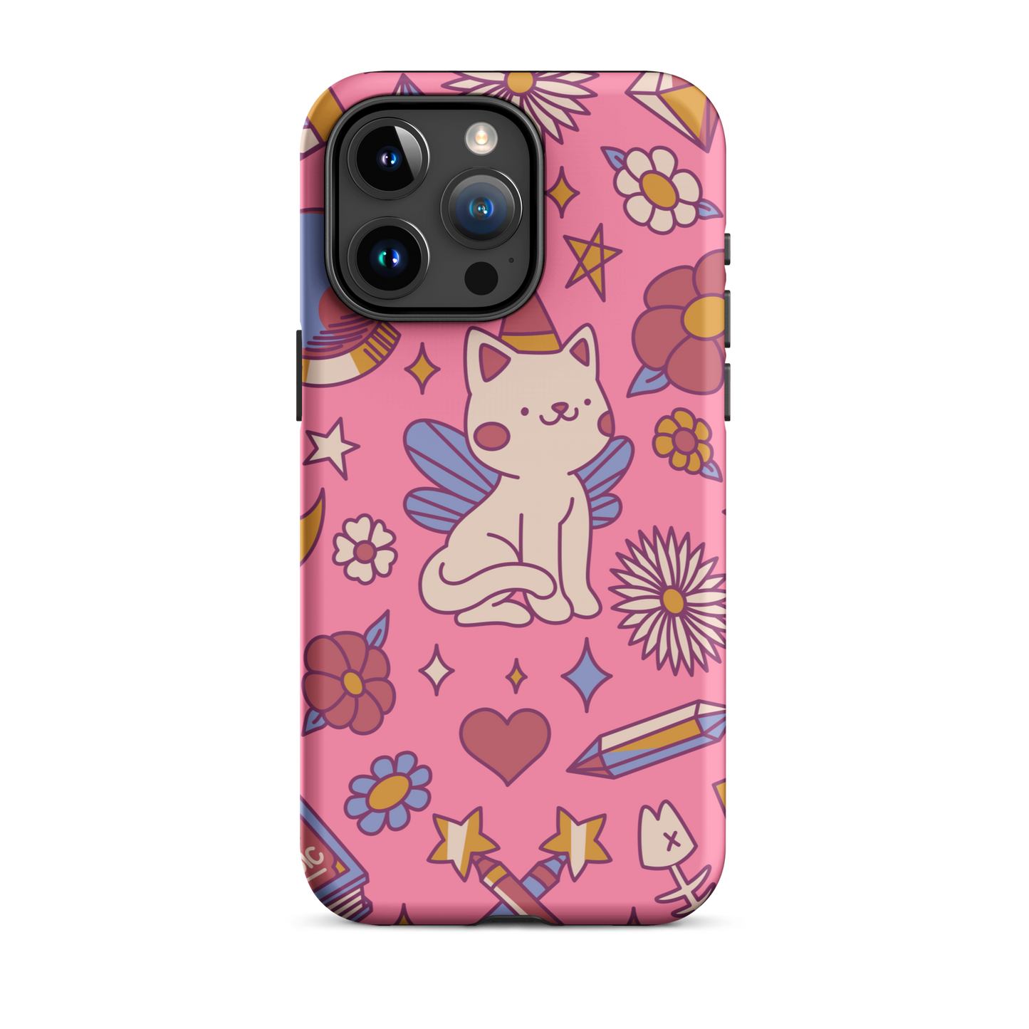 A seamless pattern featuring a magical winged kitten surrounded by crystals, flowers, tarot cards, mushrooms and other mystical elements in soft pastel tones. A playful and whimsical design with a cute, magical vibe.