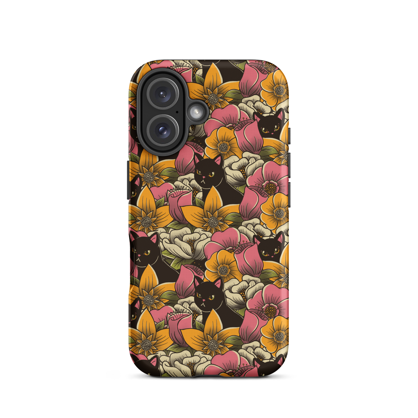 The image features a repeating pattern of colorful flowers in pink, yellow, and cream hues with lush green foliage. Interspersed among the flowers are playful black cats with bright eyes. The design has a whimsical and vibrant feel, ideal for various products like t-shirts, stickers, coffee cups, and skateboards. The style is reminiscent of traditional floral art blended with playful elements of animal decor.