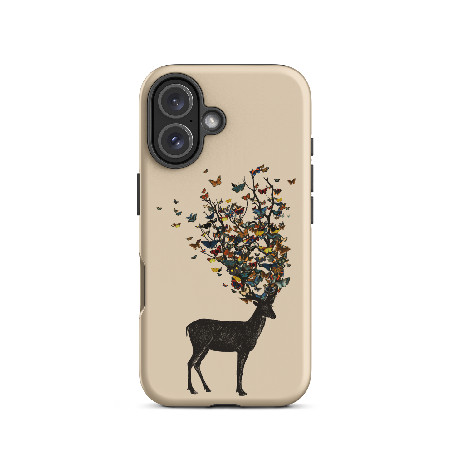 The image depicts a dark, silhouetted deer standing on a neutral background. Instead of branches, its antlers transform into a swirling cloud of vibrant, colorful butterflies that extend upwards and outward. The mix of organic and ethereal elements creates a captivating and whimsical visual contrast.