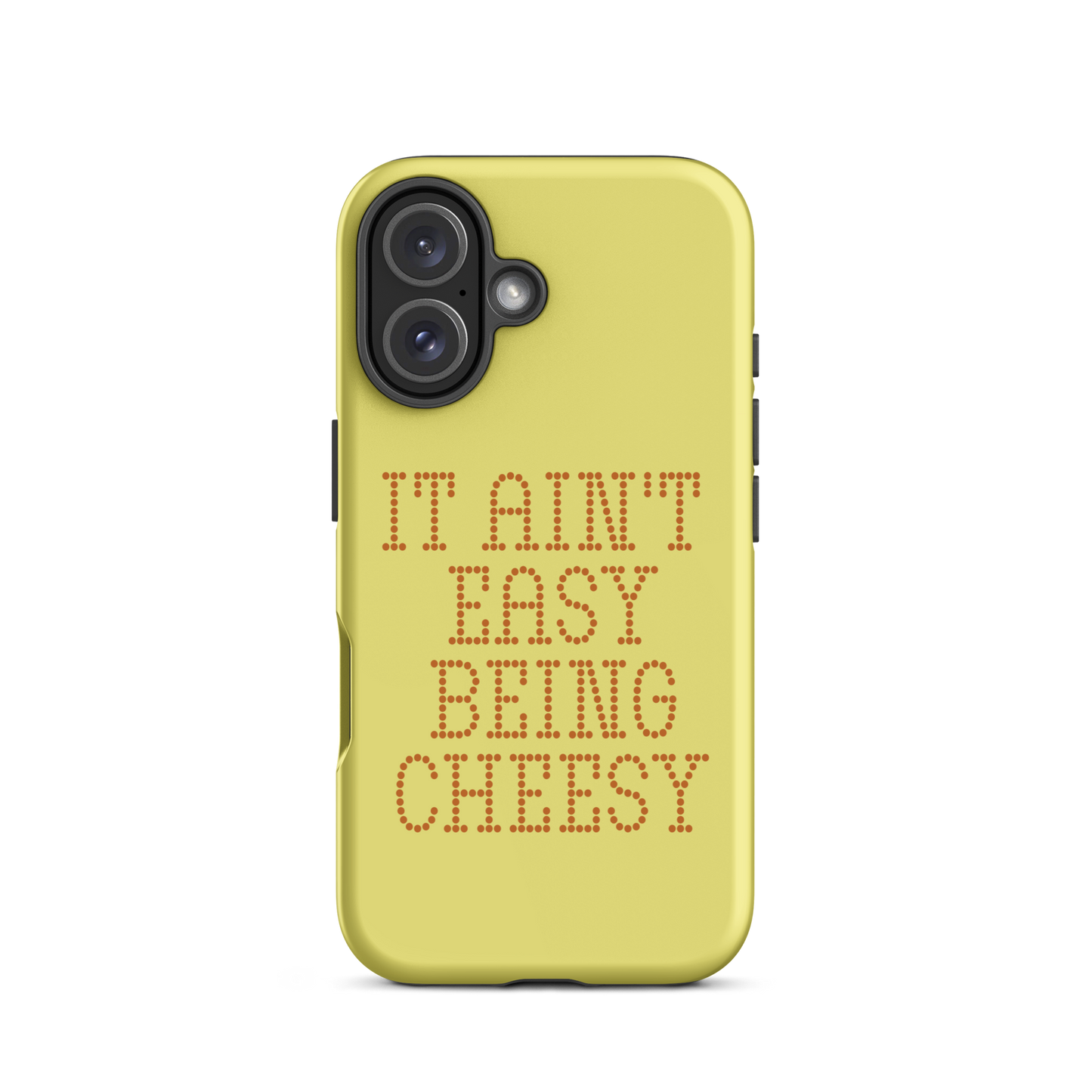 Bold dotted typography spells out ‘It Ain’t Easy Being Cheesy’ in a playful retro style on a yellow background. This funny design mixes wordplay with foodie humor, perfect for pun lovers, cheese fans, retro humor enthusiasts, and anyone who embraces the cringe with pride. A great quirky gift for cheese lovers and humor fans alike.