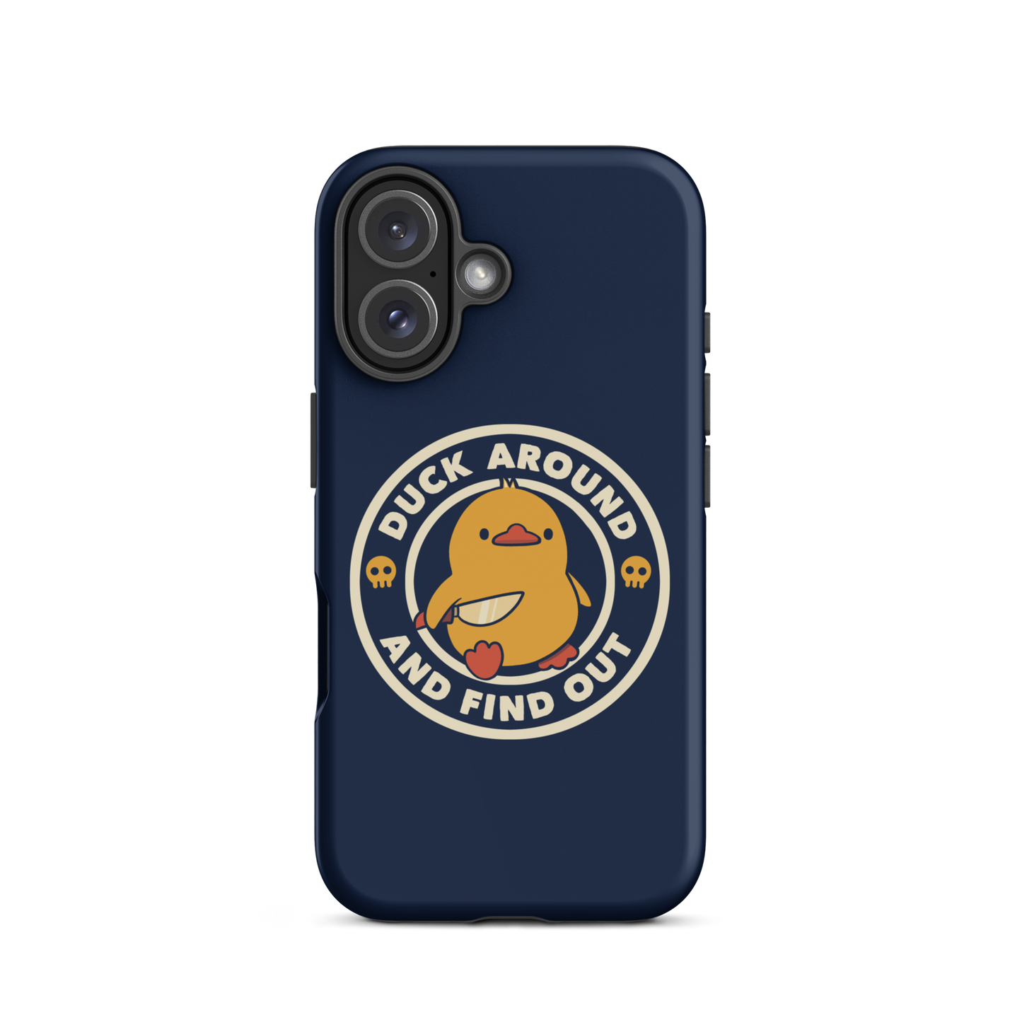 A cute yellow duck holding a small knife, around it the text "Duck Around And Find Out". An art that mixes humor with the temperament of ducks.