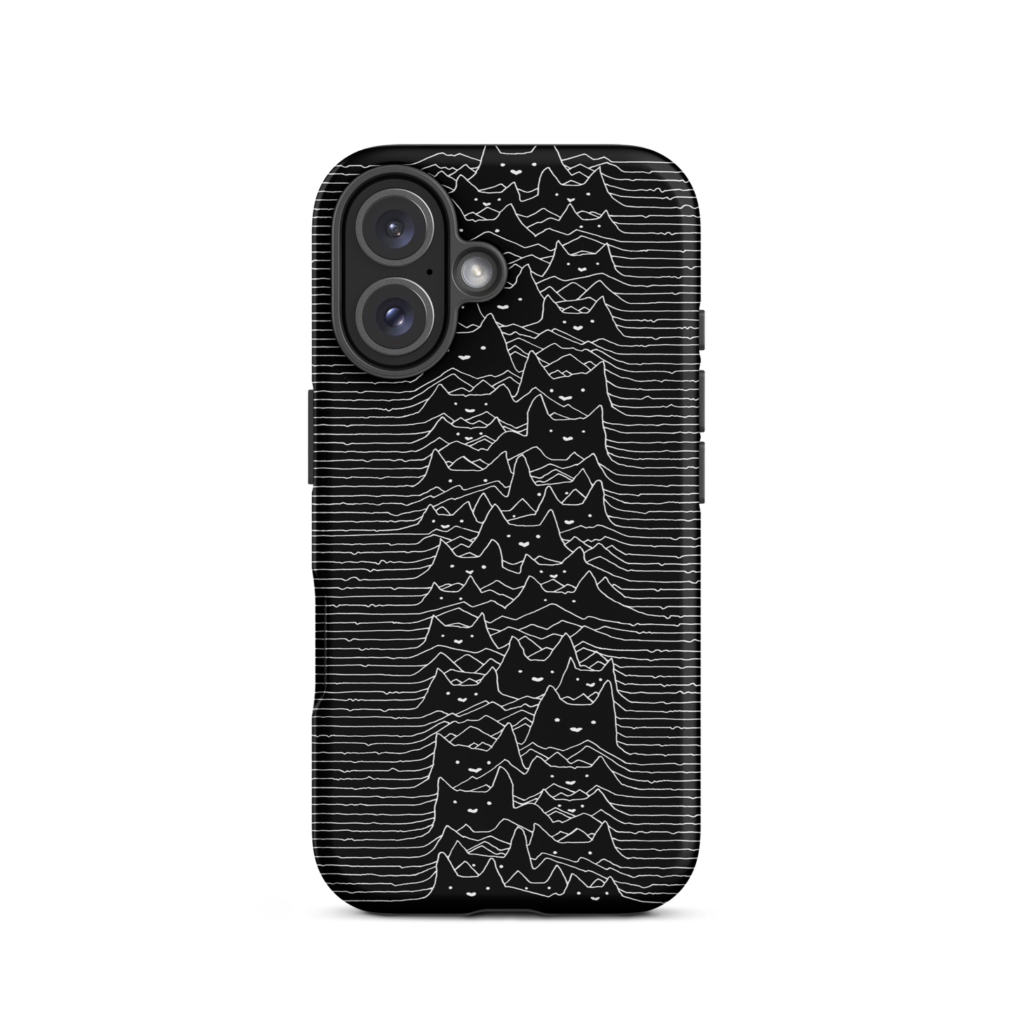 The drawing is a series of continuous wavy lines forming a pattern reminiscent of sound waves or topographic maps, but with an unexpected twist: the lines create the shapes of numerous cat faces stacked vertically. Each cat has simple, expressive features with pointed ears, adding a whimsical element to the otherwise structured pattern.