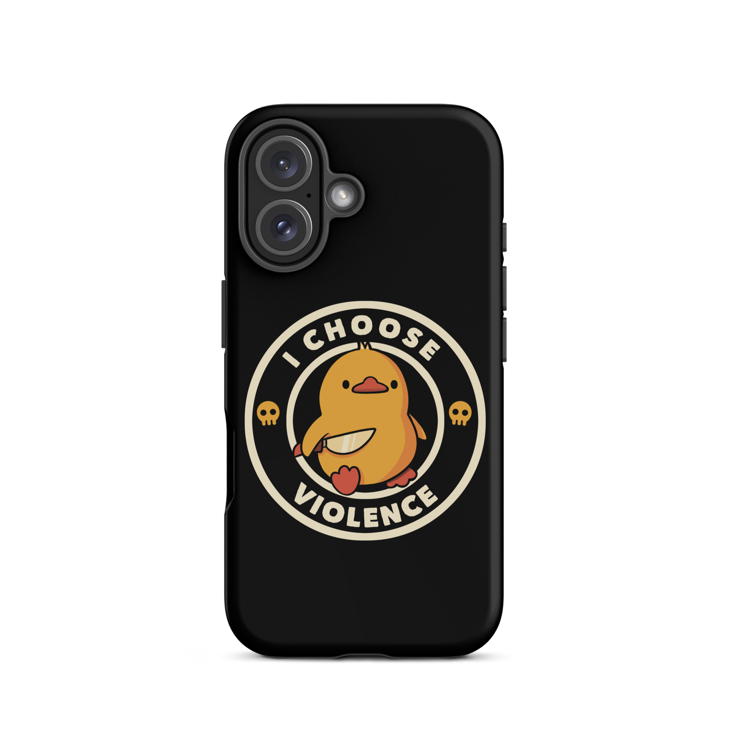 A cute, cartoon-style yellow duckling stands confidently holding a large knife in its wing. The duckling is encircled by text saying 'I CHOOSE VIOLENCE' in bold white letters. Small skull symbols flank the chick on either side, adding a touch of humor and irony to the otherwise adorable drawing.