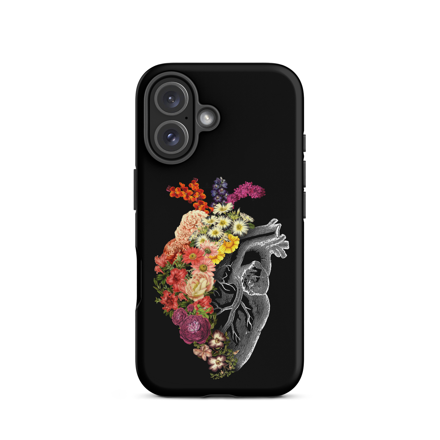 The design is an intricate and anatomical drawing of a human heart on a black background. The left side of the heart morphs into a vibrant assortment of colorful flowers, including roses, daisies, and other blooming blossoms, creating a striking contrast between the realistic and the surreal, symbolizing the harmony between nature and humanity.