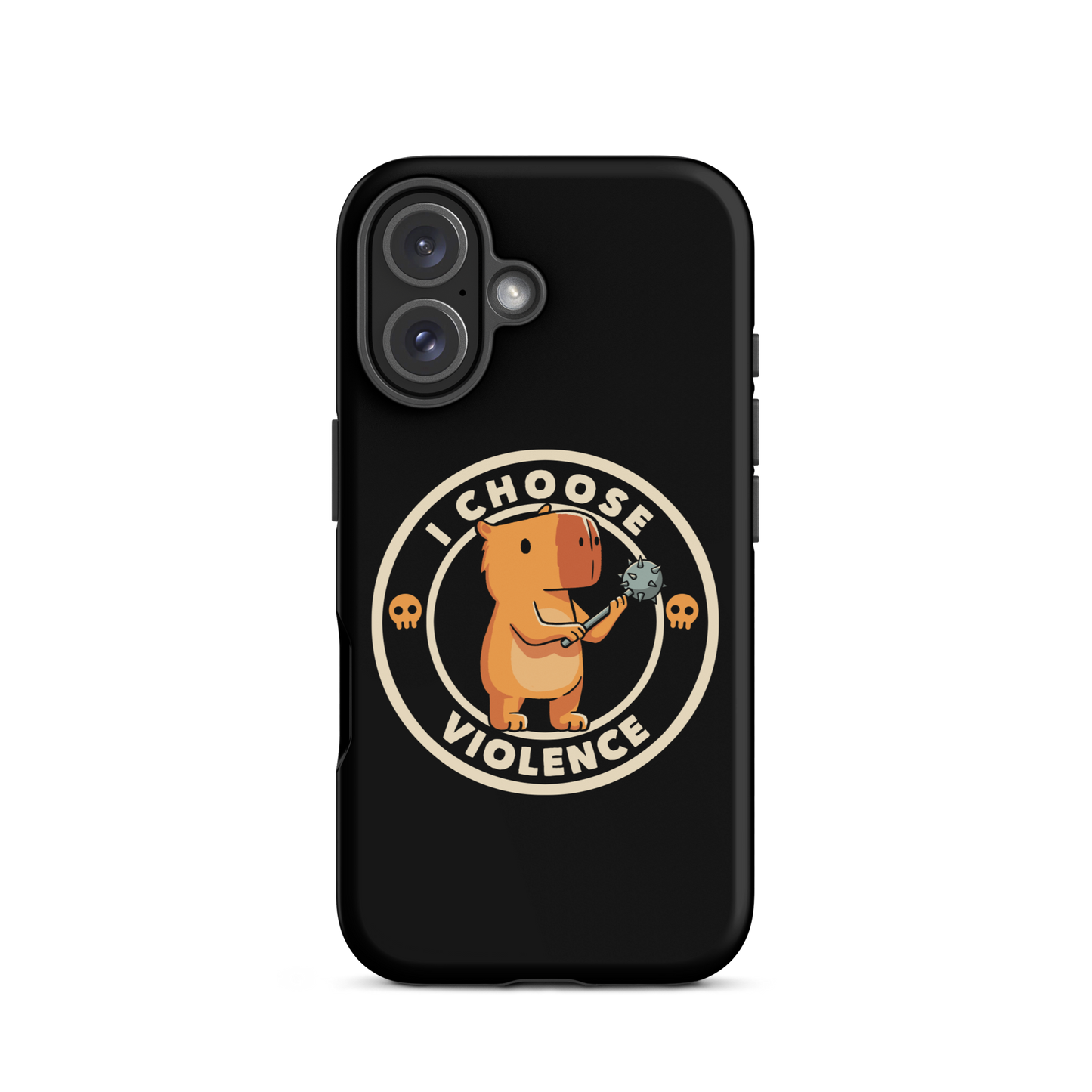 A cute, cartoonish burnt yellow capybara stands holding a spiked mace with a determined expression. Surrounding it is a circular design with the text 'I CHOOSE VIOLENCE' and two small skulls on either side, giving it a humorous yet ironic tone.