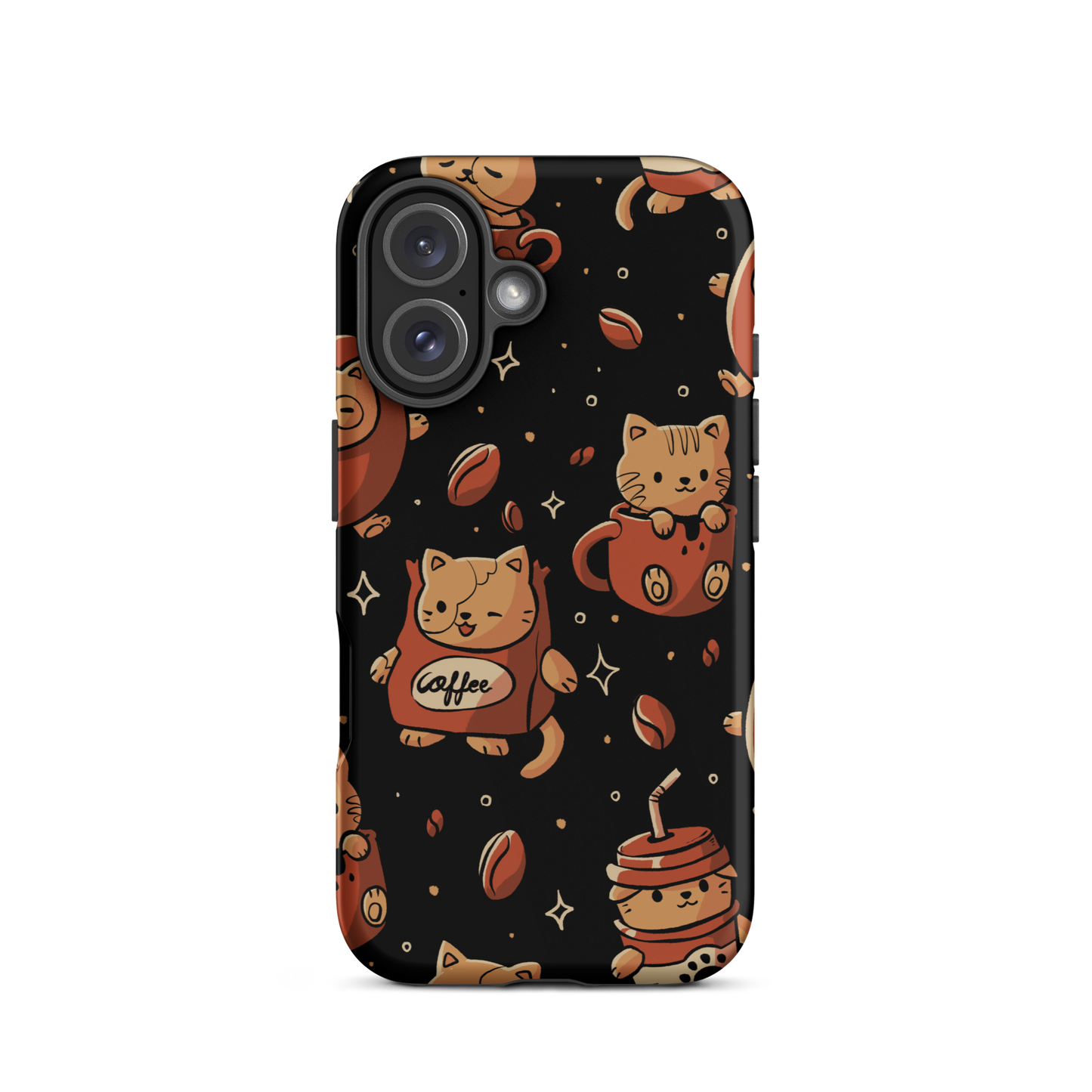 A pattern featuring several cute kittens appears in different coffee-themed versions: inside cups, as coffee beans, and on playful packaging. This artwork combines a love for cats and coffee in a charming and humorous composition. Perfect for cat lovers, coffee lovers, baristas, and anyone who enjoys cute and cozy designs.