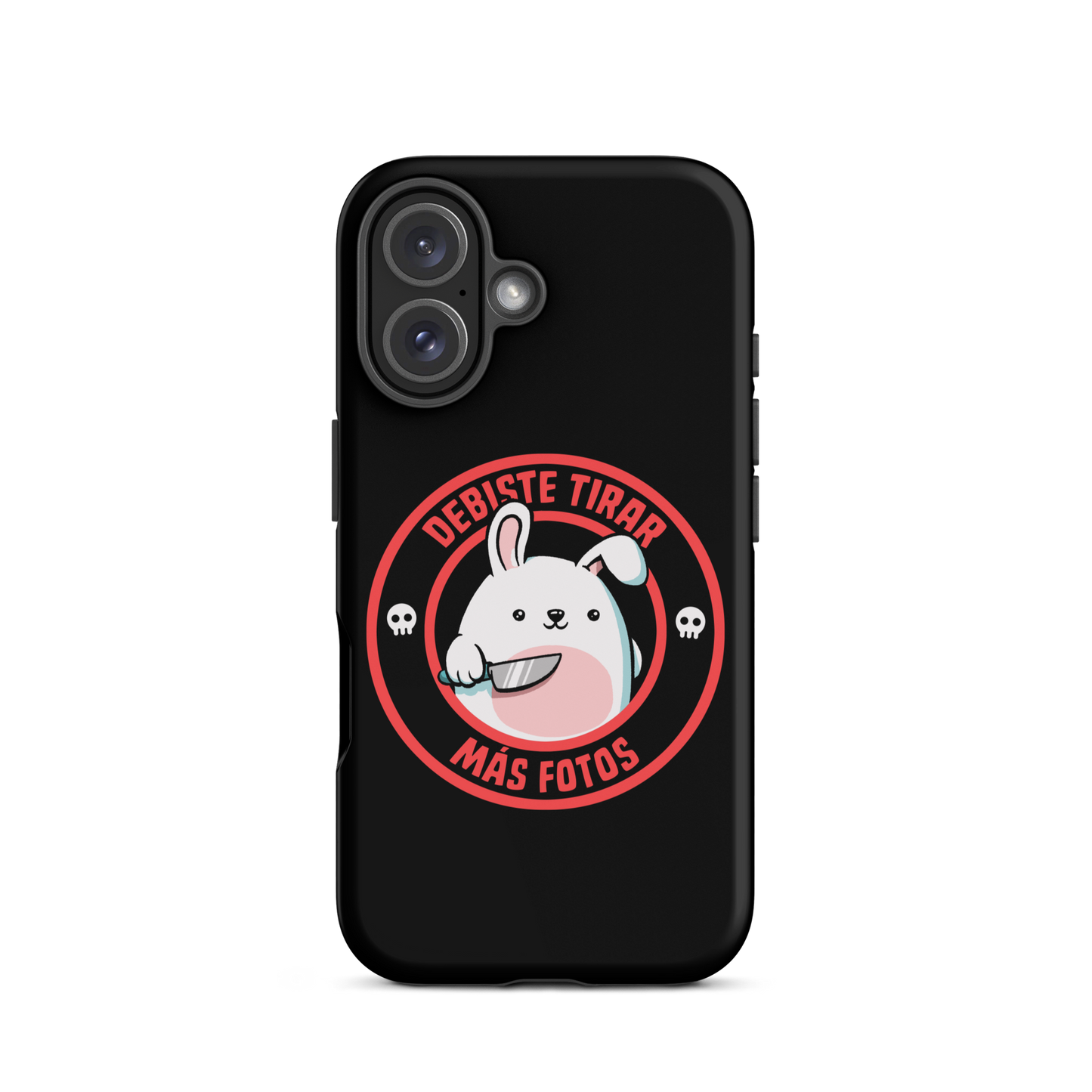 A cute white cartoon bunny with a pink belly stands holding a large kitchen knife in one paw. Surrounding the bunny is a red circular border with the words 'DEBISTE TIRAR MÁS FOTOS'. Small skull icons are on either side of the circle. The overall tone is a mix of adorable and ironic humor.