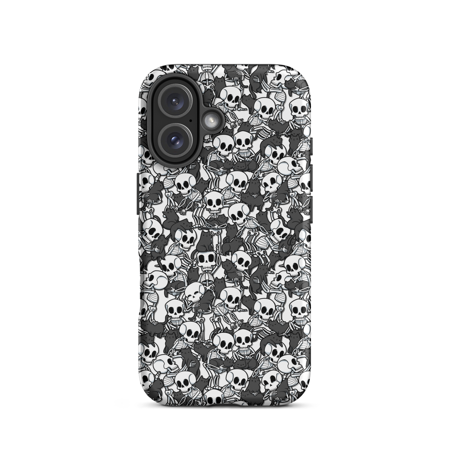 This artwork shows a playful pattern of cartoon skeletons cuddling and interacting with adorable black cats. It blends spooky charm with cozy, humorous vibes, creating a perfect aesthetic between macabre and cute. Ideal for fans of Halloween, gothic aesthetics, or anyone who loves fun prints with personality.