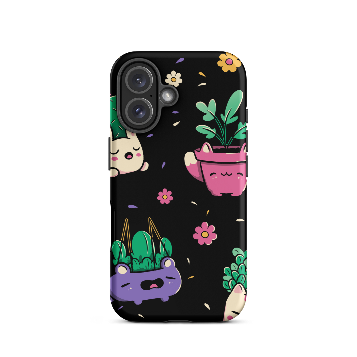 An endearing pattern featuring petite potted plants creatively shaped like adorable animals, arranged in a charming repeating composition. This enchanting design is perfect for plant enthusiasts who adore greenery and love surrounding themselves with whimsical, nature-inspired details.