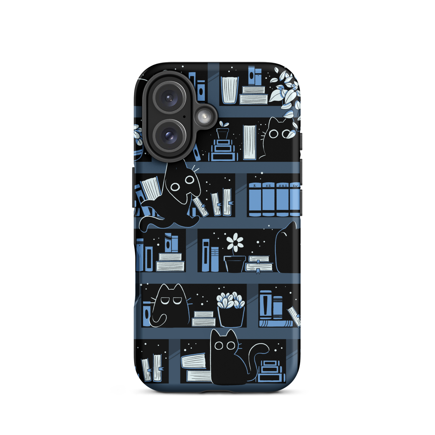 A pattern designed to resemble one large bookshelf filled with books, plants and playful little black kittens tucked between the shelves. An artwork in shades of black and blue, perfect for those who love cats, books and plants.
