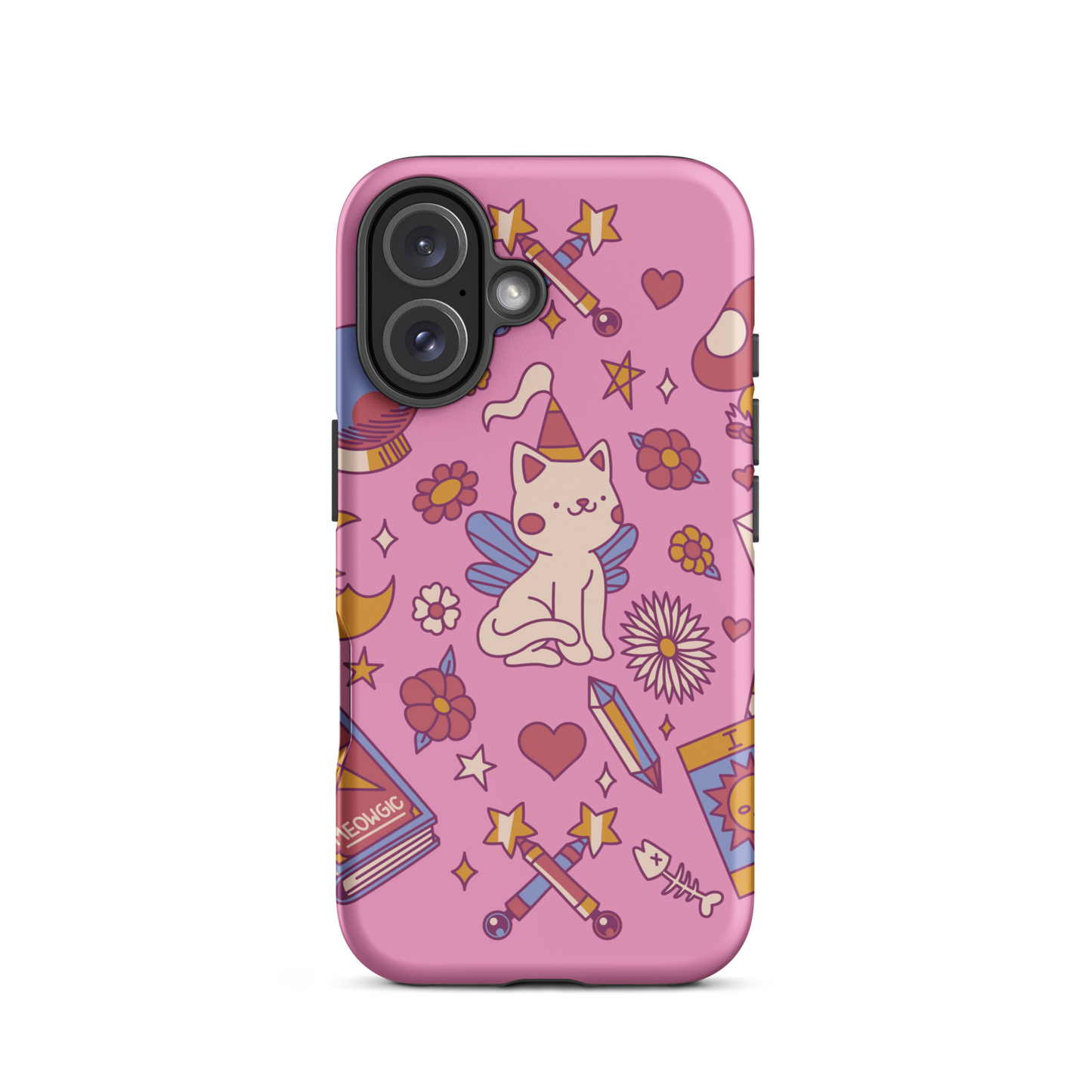The artwork depicts a magical kitten with wings and a little hat, surrounded by crystals, flowers, tarot cards, mushrooms, and mystical elements in pastel shades. The design blends cute fantasy with colorful witchy aesthetics, creating an enchanting, lighthearted composition full of fun details. Perfect for lovers of cute mysticism, tarot, magical cats, and anyone who enjoys colorful prints with a magical vibe.