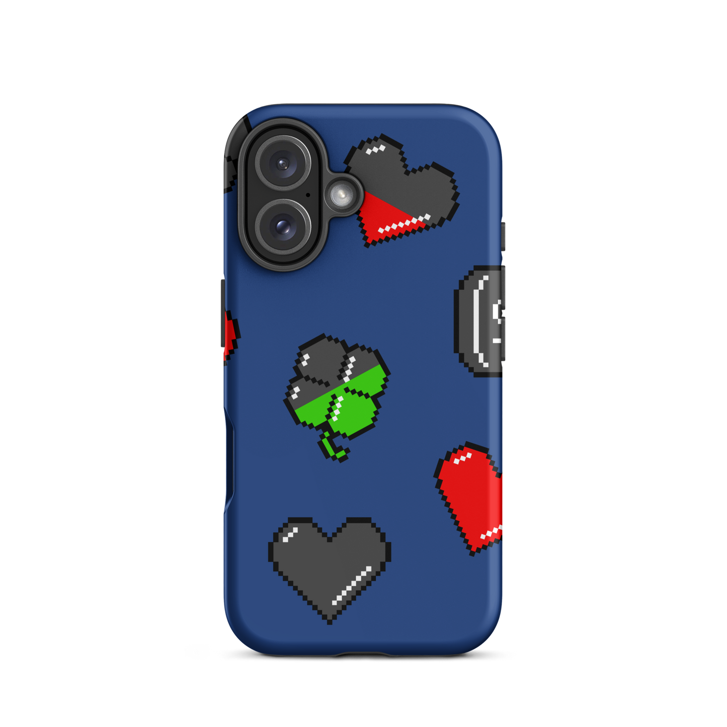A repeating pattern made of 8-bit video game icons like hearts, four-leaf clovers, and coins. A nostalgic pixel art design inspired by classic games and retro digital culture.