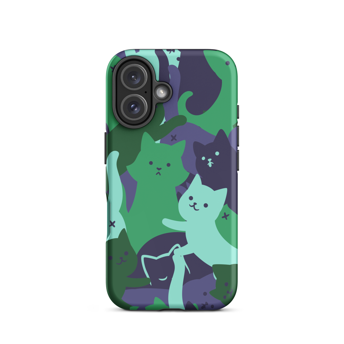 A playful pattern featuring multiple kittens in shades of green and blue, arranged to create a soft camouflage effect. This design blends cute cats with a modern pattern aesthetic, perfect for fans of fun, stylish, and whimsical art.