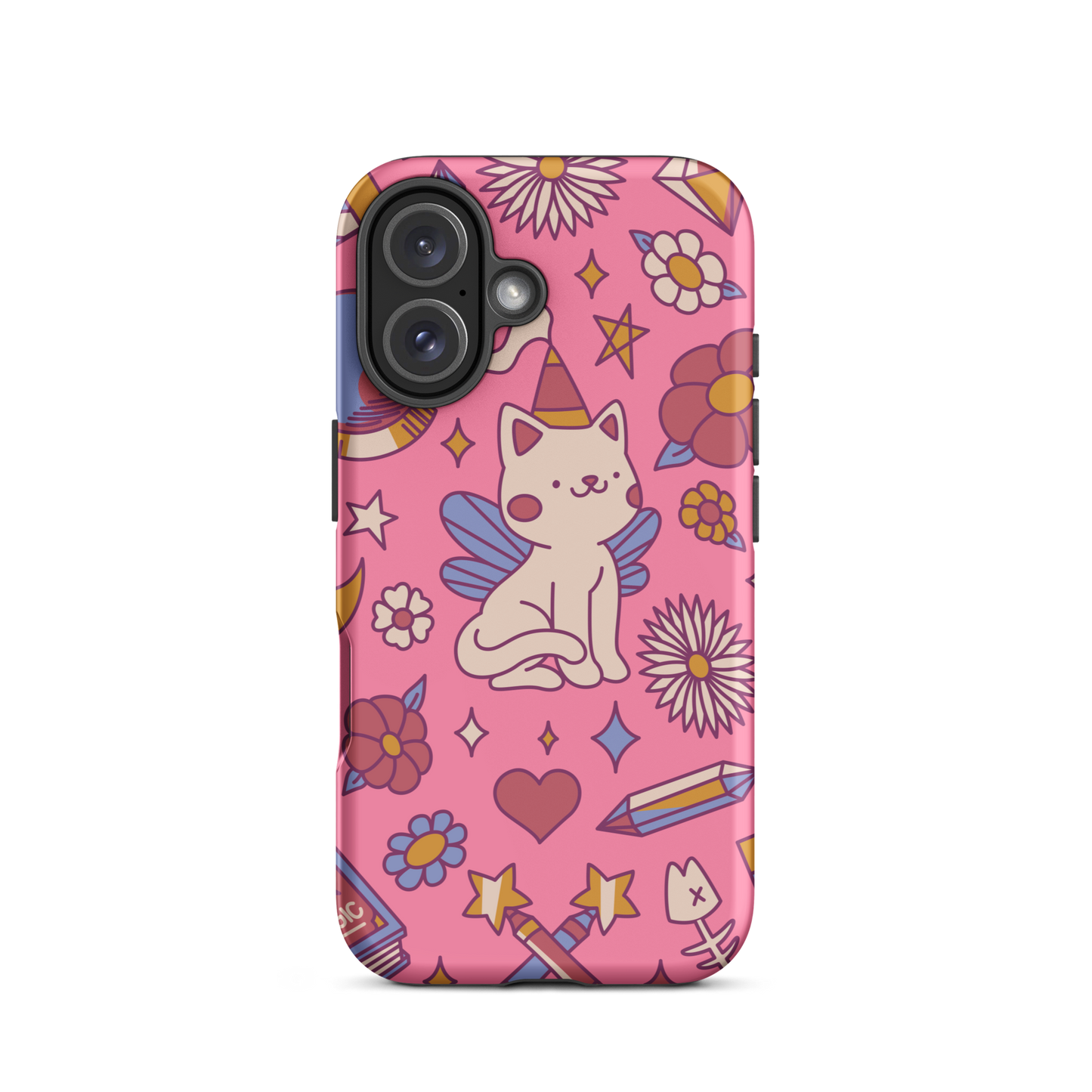 A seamless pattern featuring a magical winged kitten surrounded by crystals, flowers, tarot cards, mushrooms and other mystical elements in soft pastel tones. A playful and whimsical design with a cute, magical vibe.