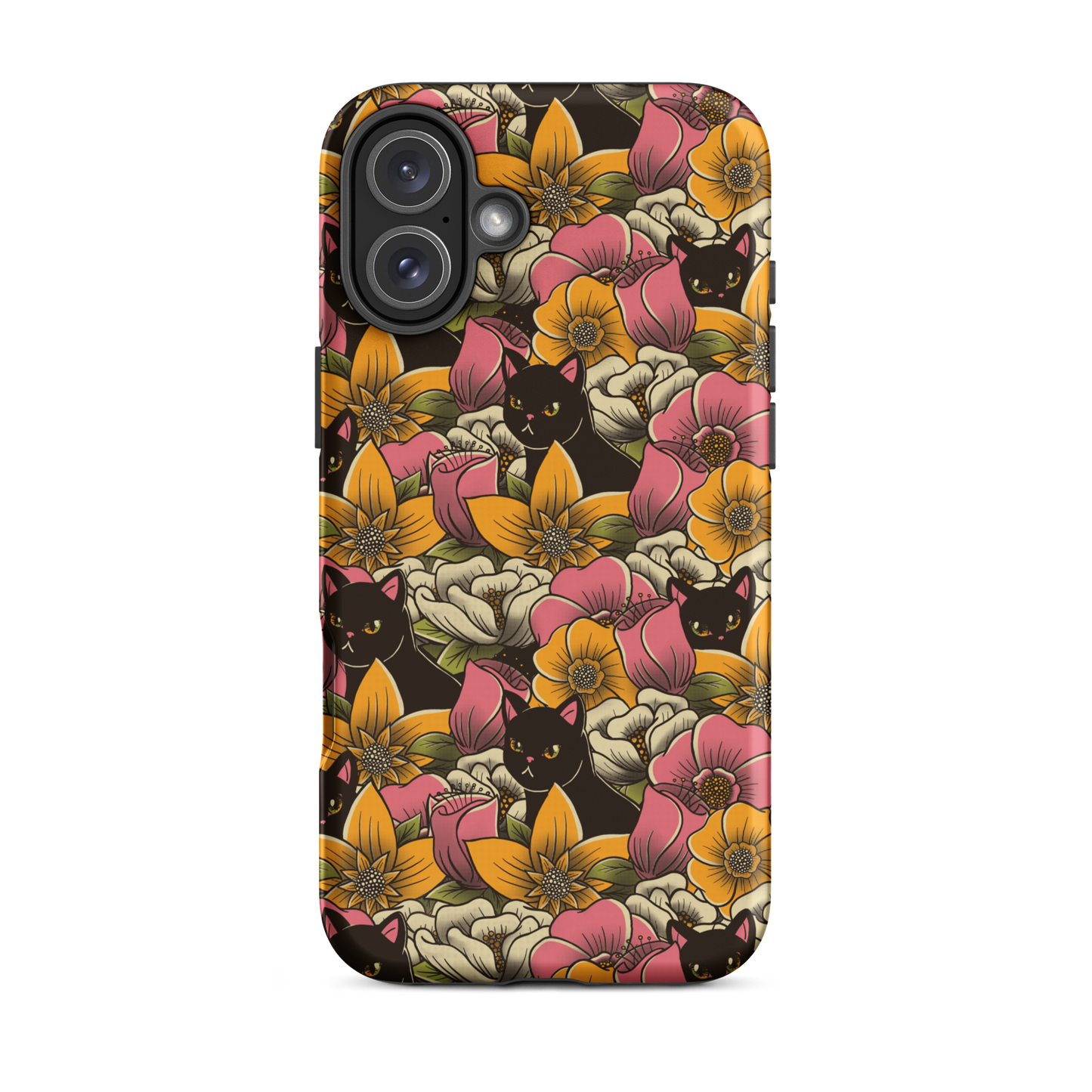 The image features a repeating pattern of colorful flowers in pink, yellow, and cream hues with lush green foliage. Interspersed among the flowers are playful black cats with bright eyes. The design has a whimsical and vibrant feel, ideal for various products like t-shirts, stickers, coffee cups, and skateboards. The style is reminiscent of traditional floral art blended with playful elements of animal decor.
