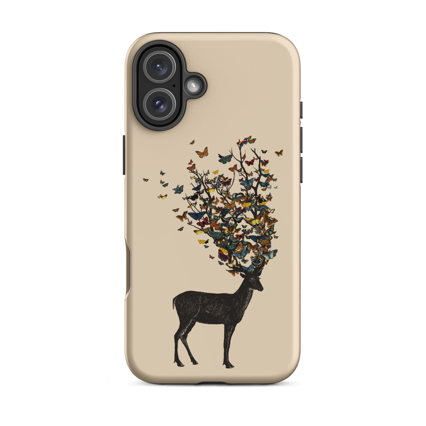 The image depicts a dark, silhouetted deer standing on a neutral background. Instead of branches, its antlers transform into a swirling cloud of vibrant, colorful butterflies that extend upwards and outward. The mix of organic and ethereal elements creates a captivating and whimsical visual contrast.