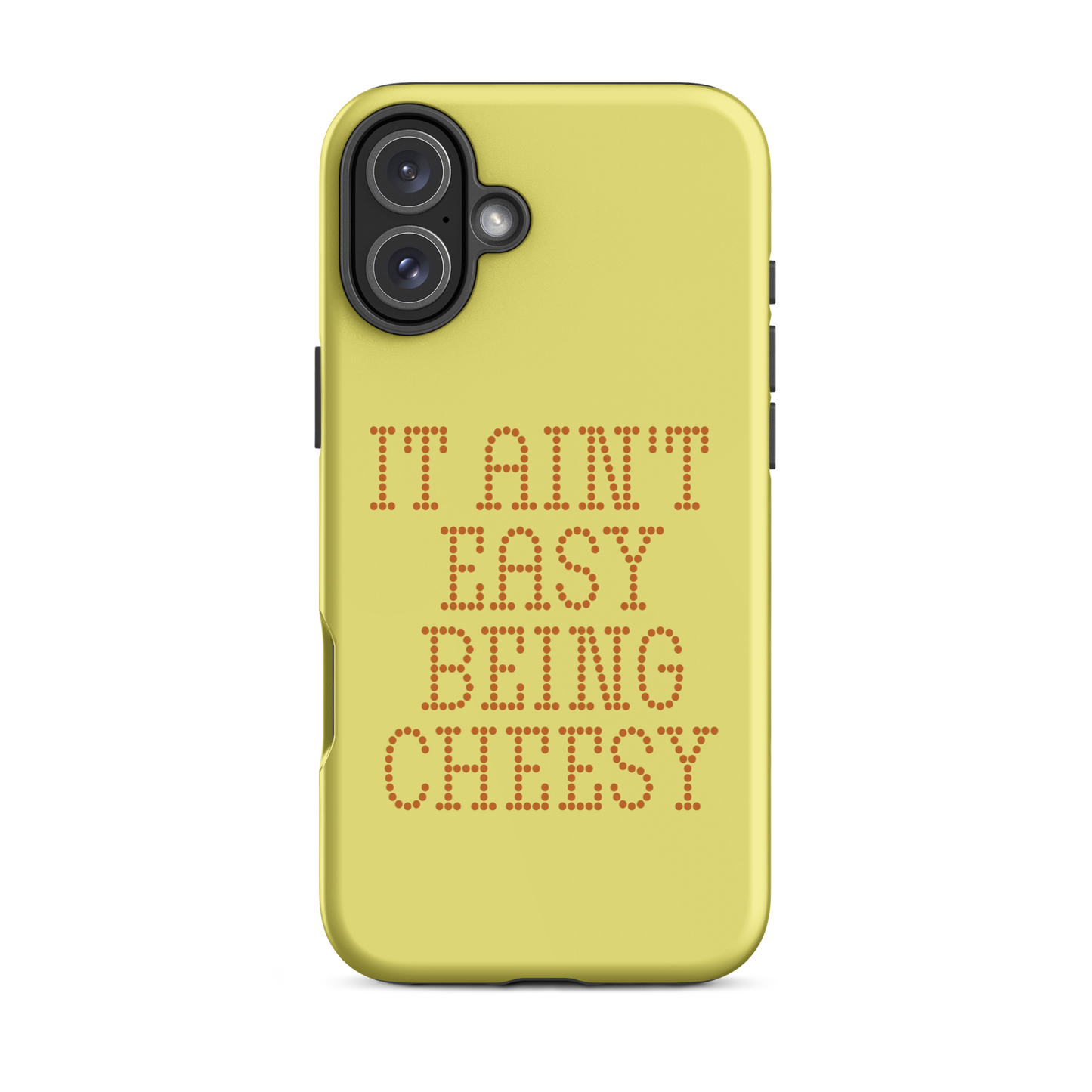 Bold dotted typography spells out ‘It Ain’t Easy Being Cheesy’ in a playful retro style on a yellow background. This funny design mixes wordplay with foodie humor, perfect for pun lovers, cheese fans, retro humor enthusiasts, and anyone who embraces the cringe with pride. A great quirky gift for cheese lovers and humor fans alike.