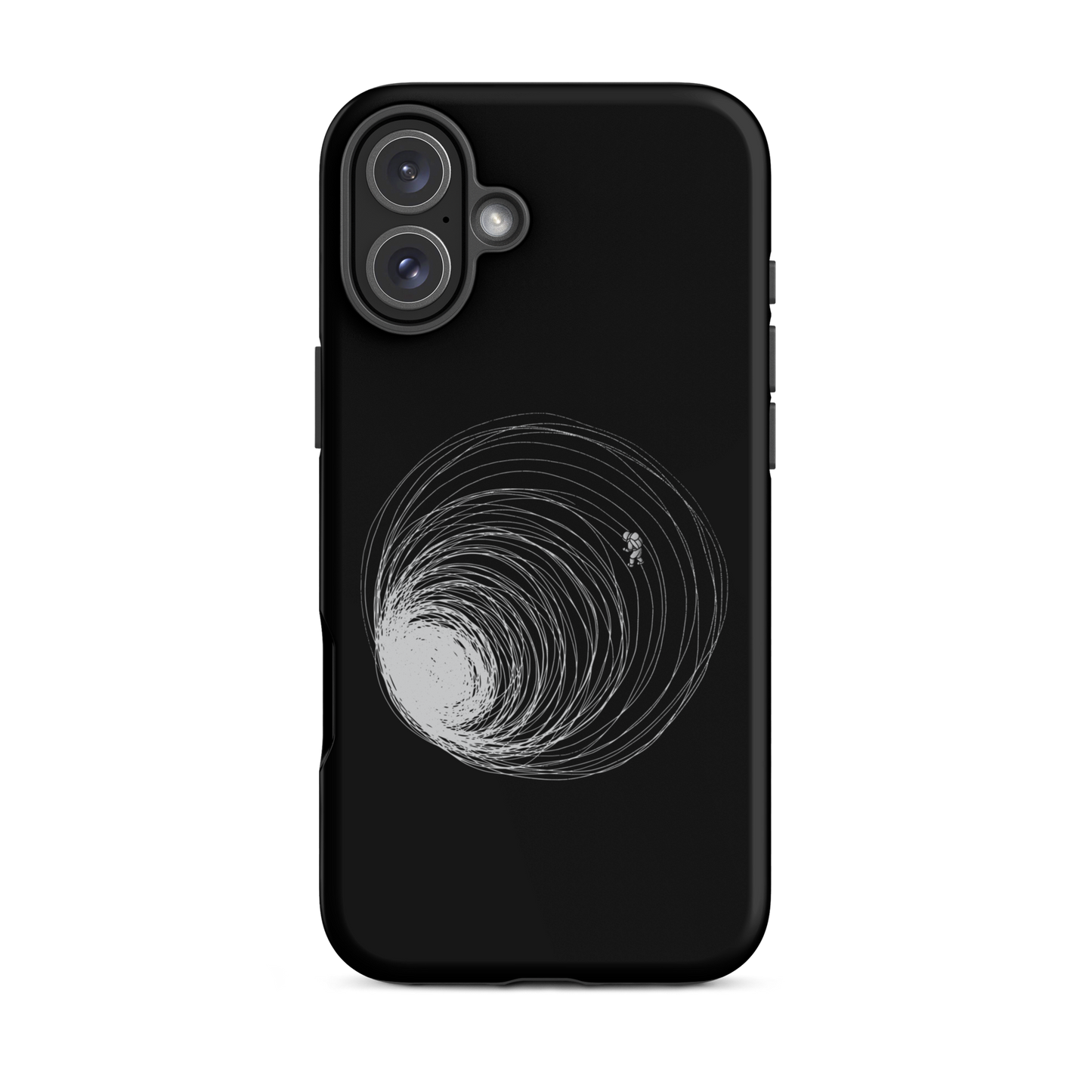 A big black hole with an astronaut floating around as if being sucked into it. A minimalist art perfect for those who love space.