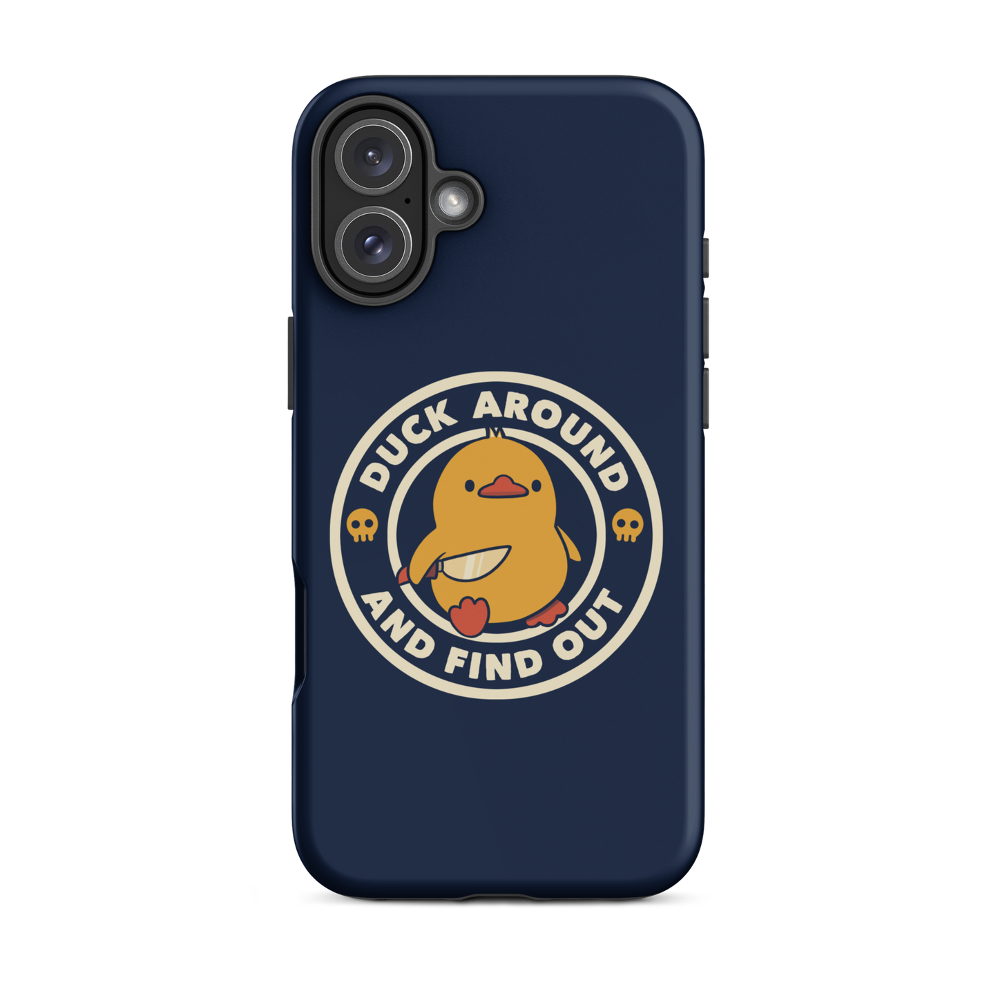 A cute yellow duck holding a small knife, around it the text "Duck Around And Find Out". An art that mixes humor with the temperament of ducks.