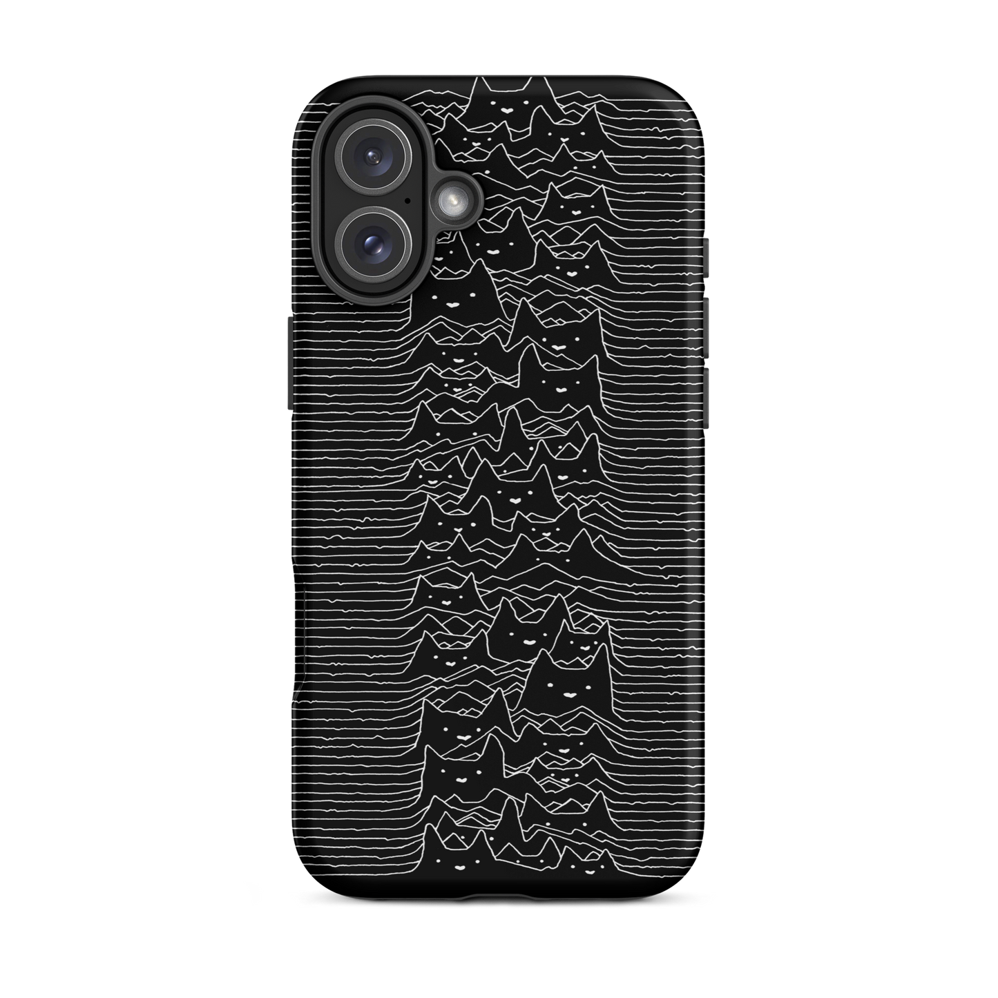 The drawing is a series of continuous wavy lines forming a pattern reminiscent of sound waves or topographic maps, but with an unexpected twist: the lines create the shapes of numerous cat faces stacked vertically. Each cat has simple, expressive features with pointed ears, adding a whimsical element to the otherwise structured pattern.