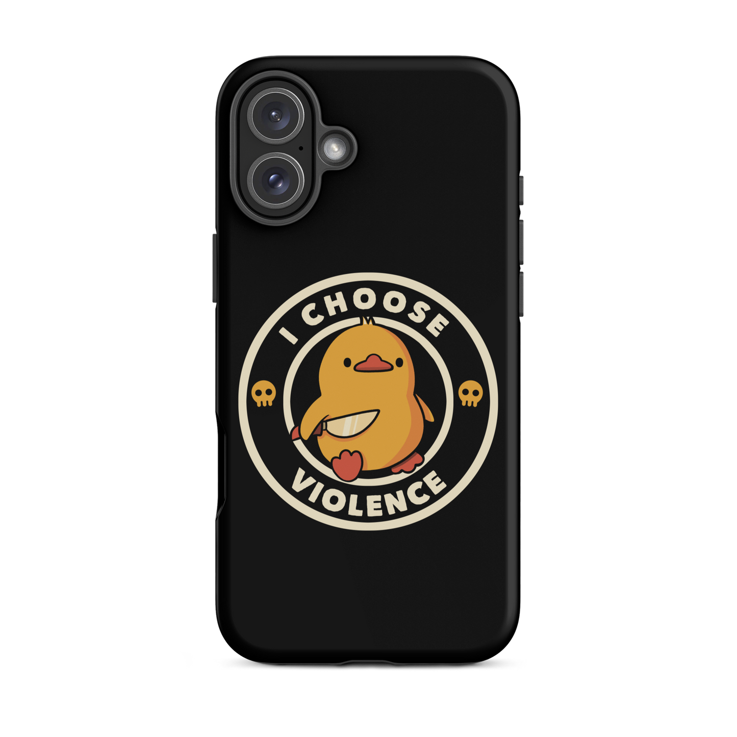 A cute, cartoon-style yellow duckling stands confidently holding a large knife in its wing. The duckling is encircled by text saying 'I CHOOSE VIOLENCE' in bold white letters. Small skull symbols flank the chick on either side, adding a touch of humor and irony to the otherwise adorable drawing.