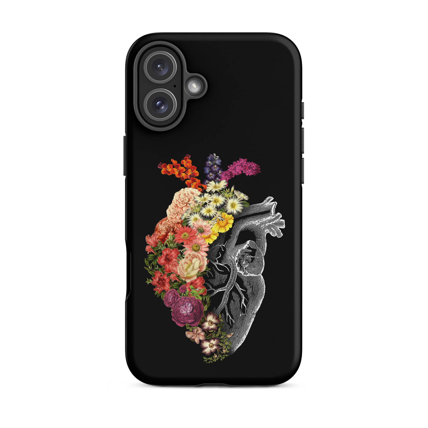 The design is an intricate and anatomical drawing of a human heart on a black background. The left side of the heart morphs into a vibrant assortment of colorful flowers, including roses, daisies, and other blooming blossoms, creating a striking contrast between the realistic and the surreal, symbolizing the harmony between nature and humanity.