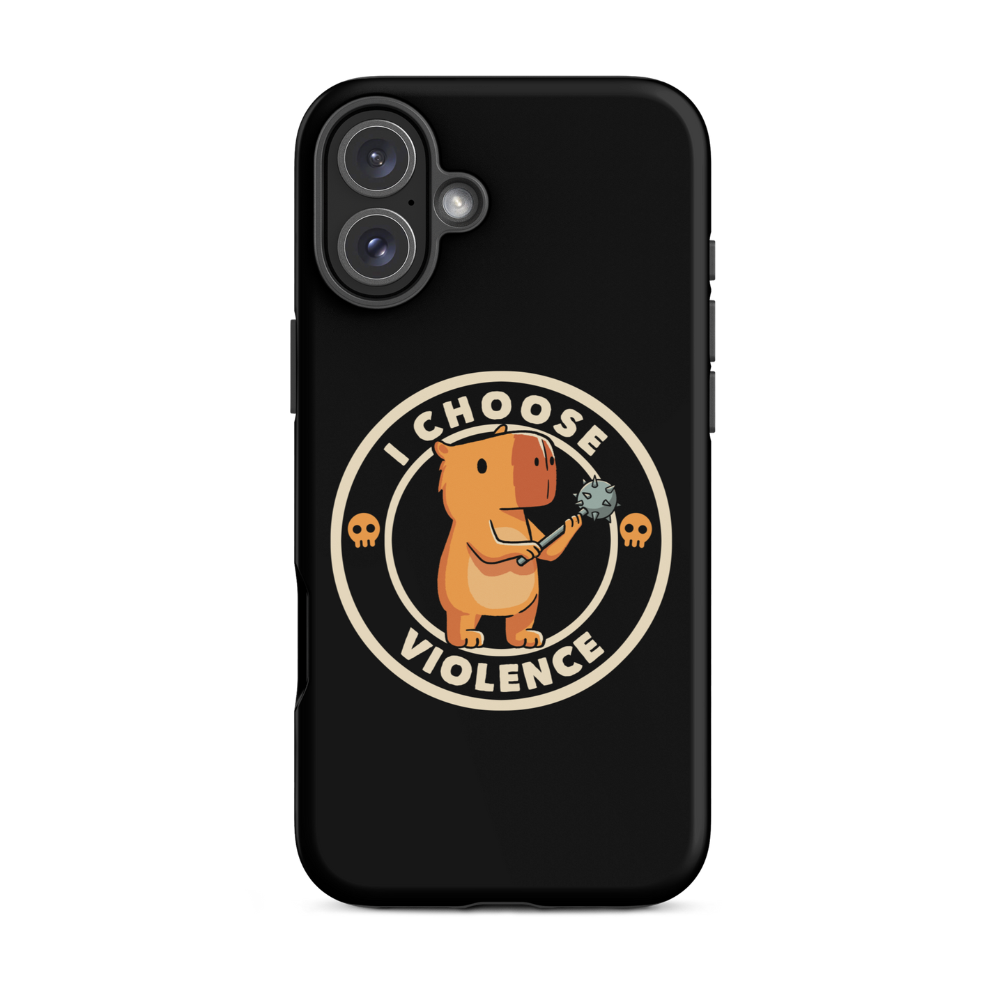 A cute, cartoonish burnt yellow capybara stands holding a spiked mace with a determined expression. Surrounding it is a circular design with the text 'I CHOOSE VIOLENCE' and two small skulls on either side, giving it a humorous yet ironic tone.