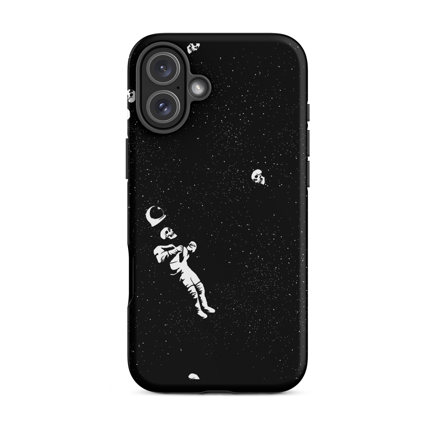 This image features a white astronaut figures floating in a dark, starry space background. The astronaut is surrounded by small celestial bodies and crescent moons, giving a sense of drifting through the cosmos. The design is intricate and has a whimsical, dreamy quality, with a vintage-inspired look, evoking a sense of exploration and wonder.