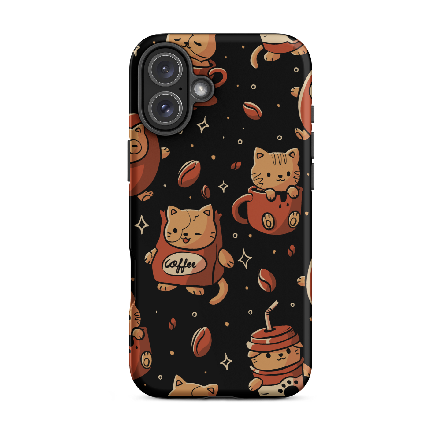 A pattern featuring several cute kittens appears in different coffee-themed versions: inside cups, as coffee beans, and on playful packaging. This artwork combines a love for cats and coffee in a charming and humorous composition. Perfect for cat lovers, coffee lovers, baristas, and anyone who enjoys cute and cozy designs.