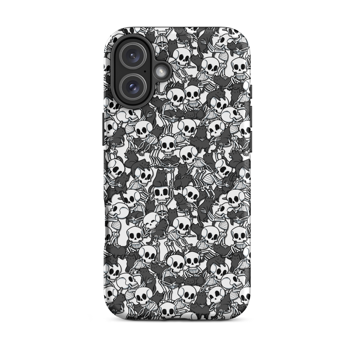 This artwork shows a playful pattern of cartoon skeletons cuddling and interacting with adorable black cats. It blends spooky charm with cozy, humorous vibes, creating a perfect aesthetic between macabre and cute. Ideal for fans of Halloween, gothic aesthetics, or anyone who loves fun prints with personality.