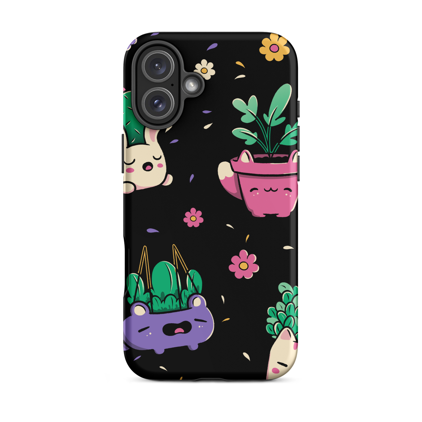 An endearing pattern featuring petite potted plants creatively shaped like adorable animals, arranged in a charming repeating composition. This enchanting design is perfect for plant enthusiasts who adore greenery and love surrounding themselves with whimsical, nature-inspired details.