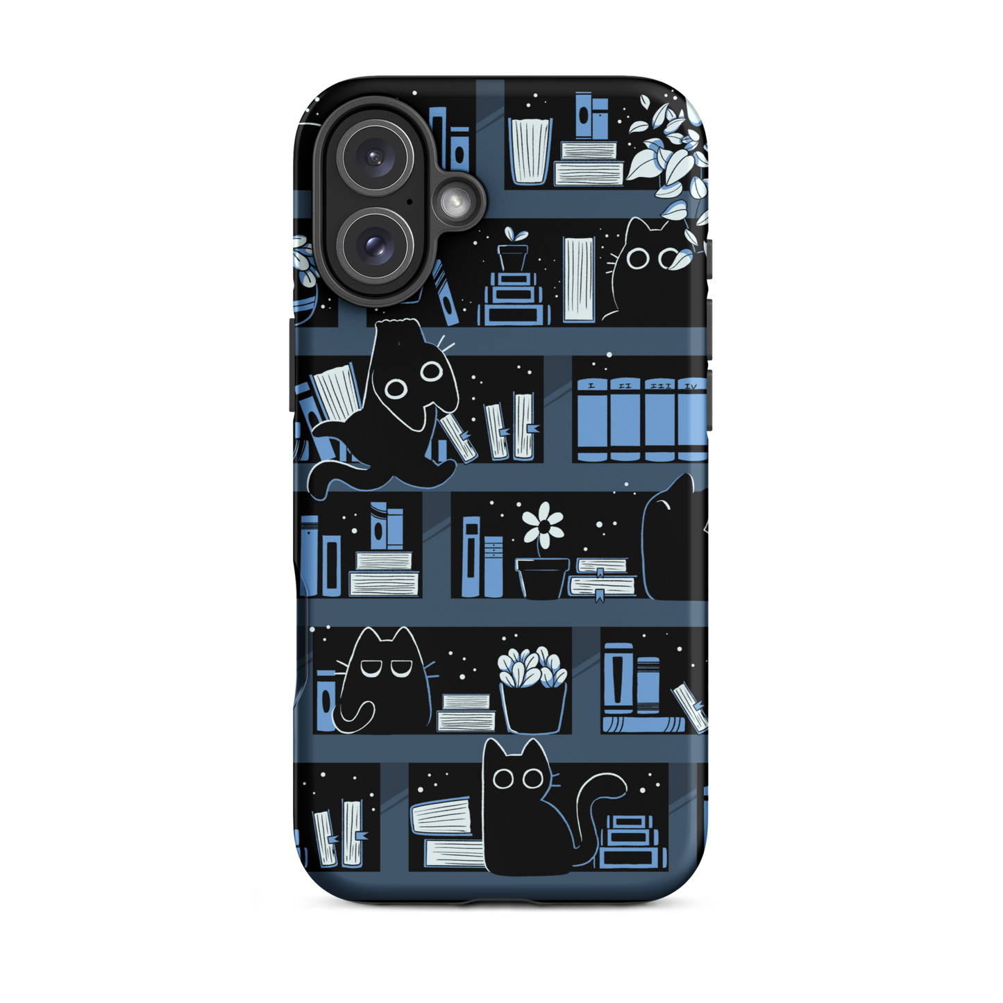 A pattern designed to resemble one large bookshelf filled with books, plants and playful little black kittens tucked between the shelves. An artwork in shades of black and blue, perfect for those who love cats, books and plants.