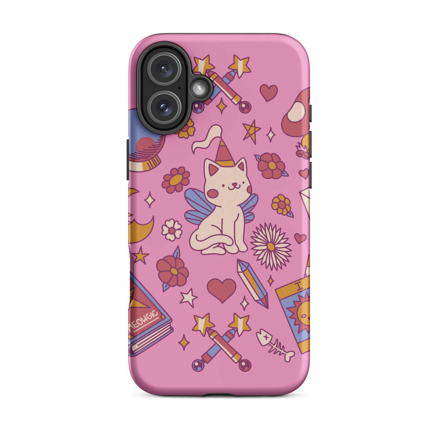 The artwork depicts a magical kitten with wings and a little hat, surrounded by crystals, flowers, tarot cards, mushrooms, and mystical elements in pastel shades. The design blends cute fantasy with colorful witchy aesthetics, creating an enchanting, lighthearted composition full of fun details. Perfect for lovers of cute mysticism, tarot, magical cats, and anyone who enjoys colorful prints with a magical vibe.