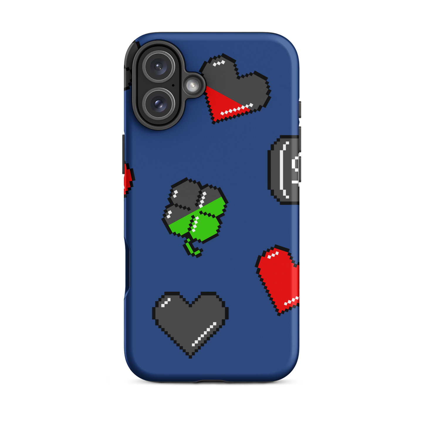 A repeating pattern made of 8-bit video game icons like hearts, four-leaf clovers, and coins. A nostalgic pixel art design inspired by classic games and retro digital culture.