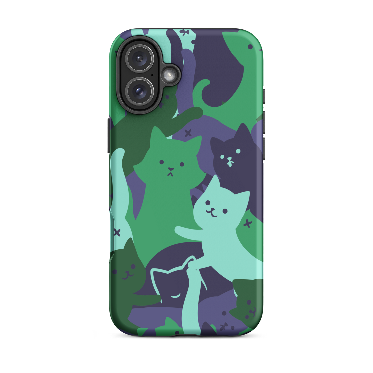 A playful pattern featuring multiple kittens in shades of green and blue, arranged to create a soft camouflage effect. This design blends cute cats with a modern pattern aesthetic, perfect for fans of fun, stylish, and whimsical art.